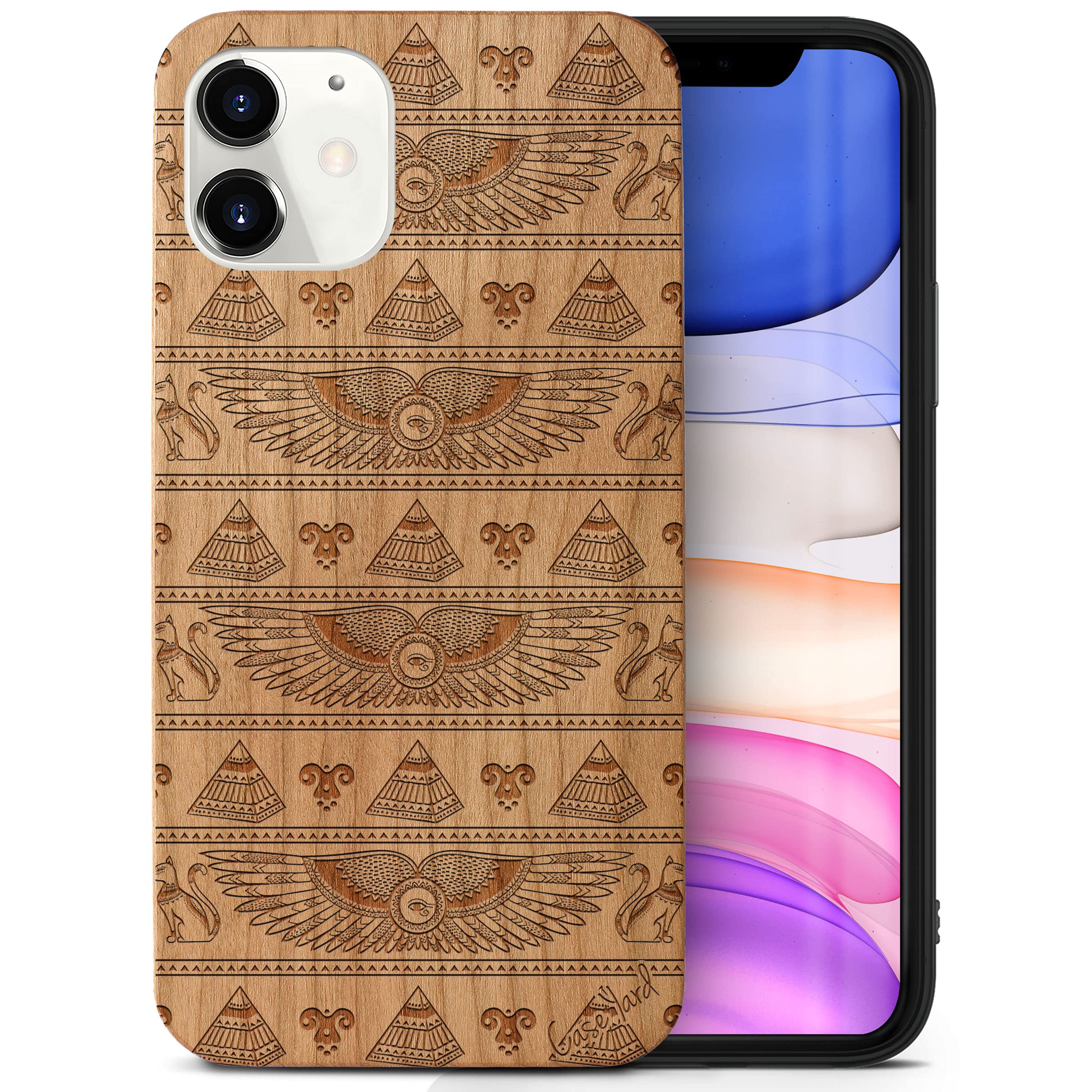 CaseYard Premium Cherry Wood Phone Case for iPhone 11 - Laser Engraved Pyramids Design | Slim Fit Shockproof Protective Cover for Men & Women | Perfect for Everyday Use, Travel & Gift Giving