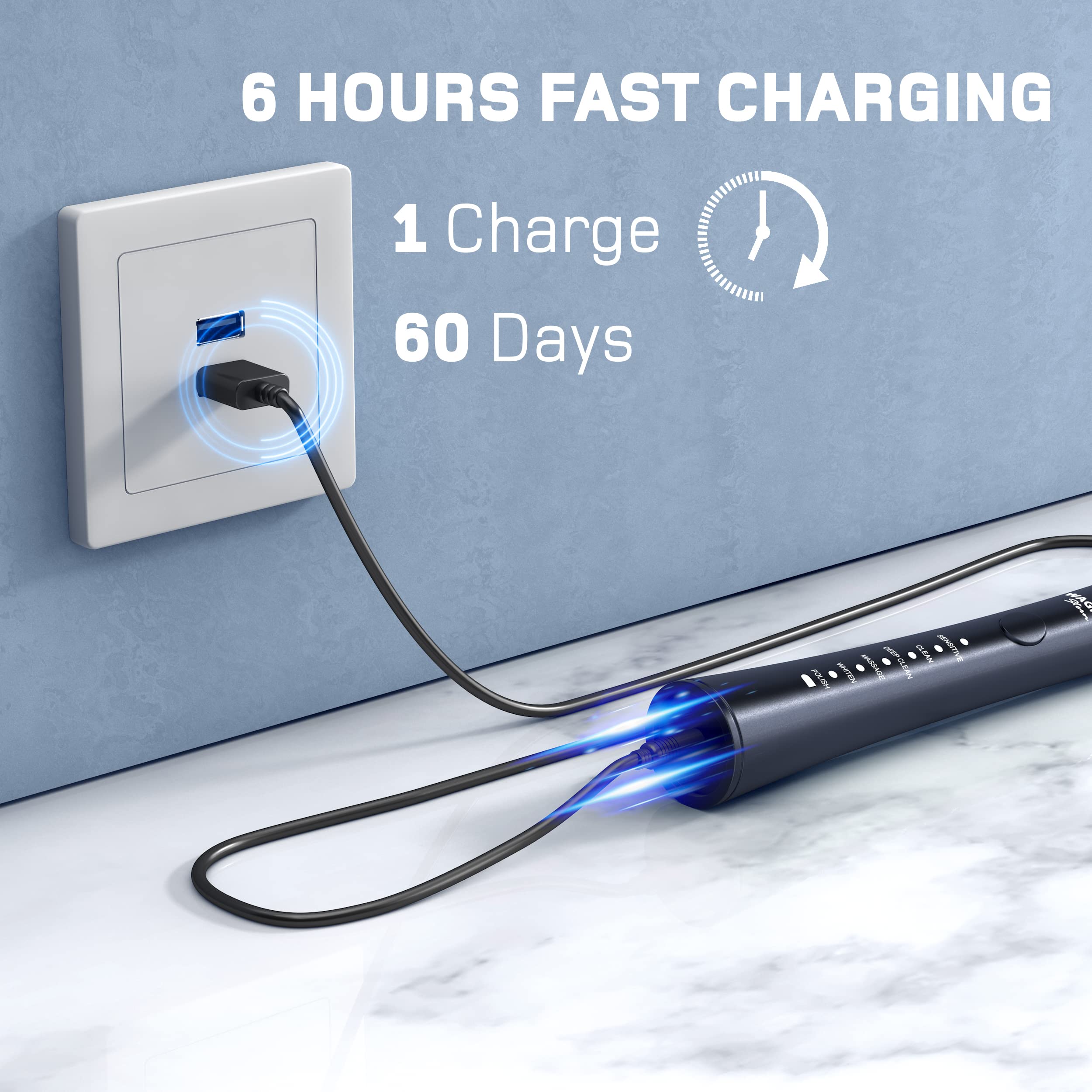 Wagner Stern Ultrasonic Whitening Electric Toothbrush with 8 Charcoal Black Brush Heads - Fresh Breath & Healthy Smile - Perfect for Travel, Home, and Daily Oral Care (Charcoal)