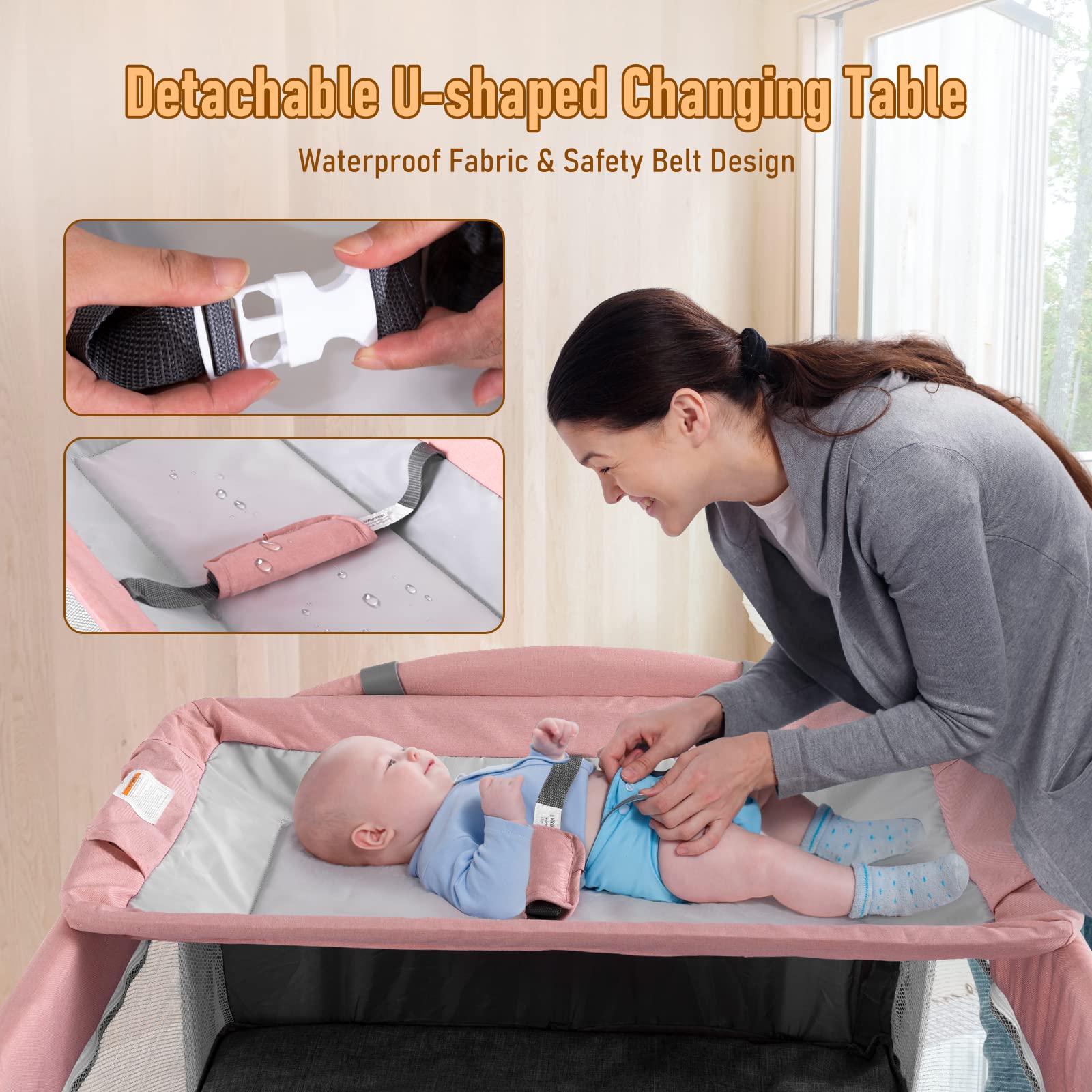 5-in-1 Portable Baby Crib with Bassinet, Changing Table & Playpen - Travel Sleeper with Mattress, Toys & Music Box for Newborns, Infants, Boys & Girls (Pink) | Perfect for Nursery, Bedroom & Travel Use