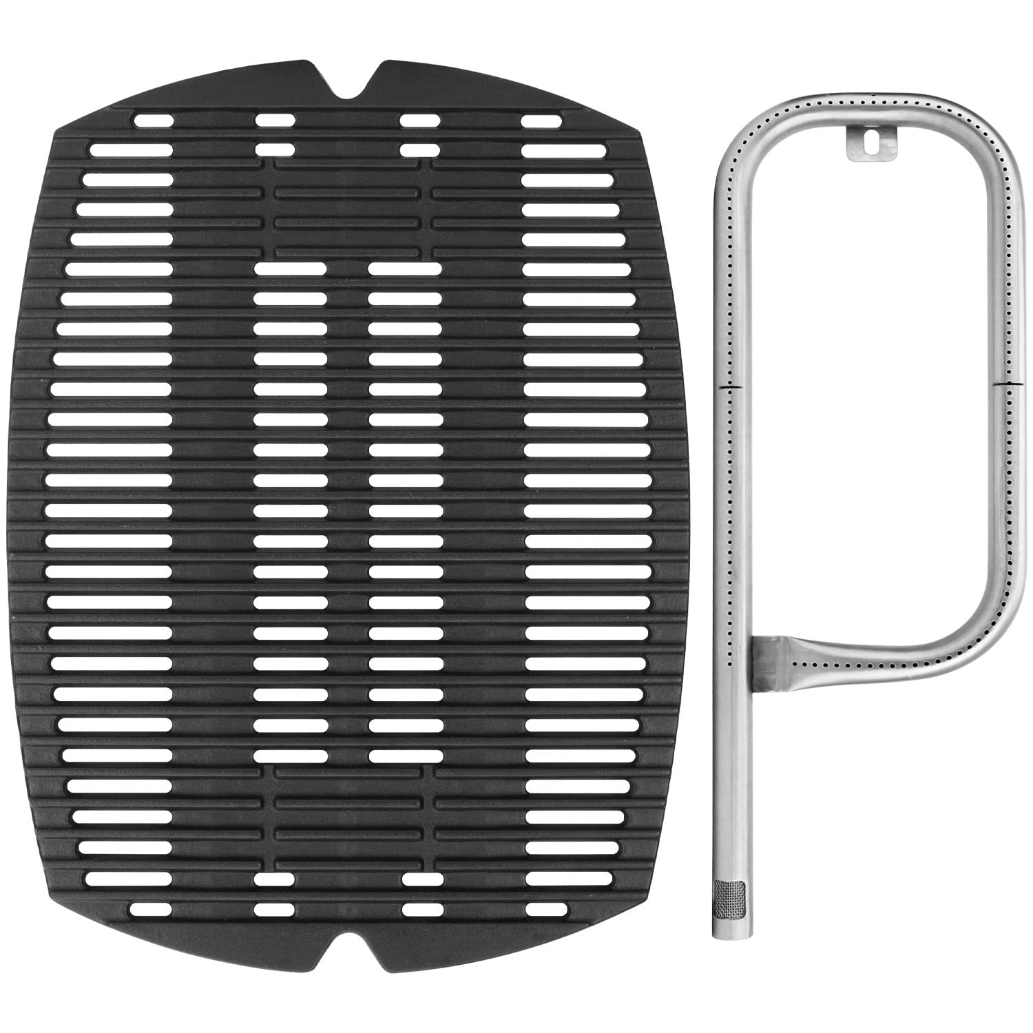 DELSbbq 7582 Cast Iron Grill Grate & 60040 Grill Burner Replacement for Weber Q100 Q120 Q1000 Q1200 Baby Q Series - Compatible with Models 386001 386002 516002 516001 50060001 5106000 - Perfect for Outdoor BBQ, Camping, and Backyard Grilling