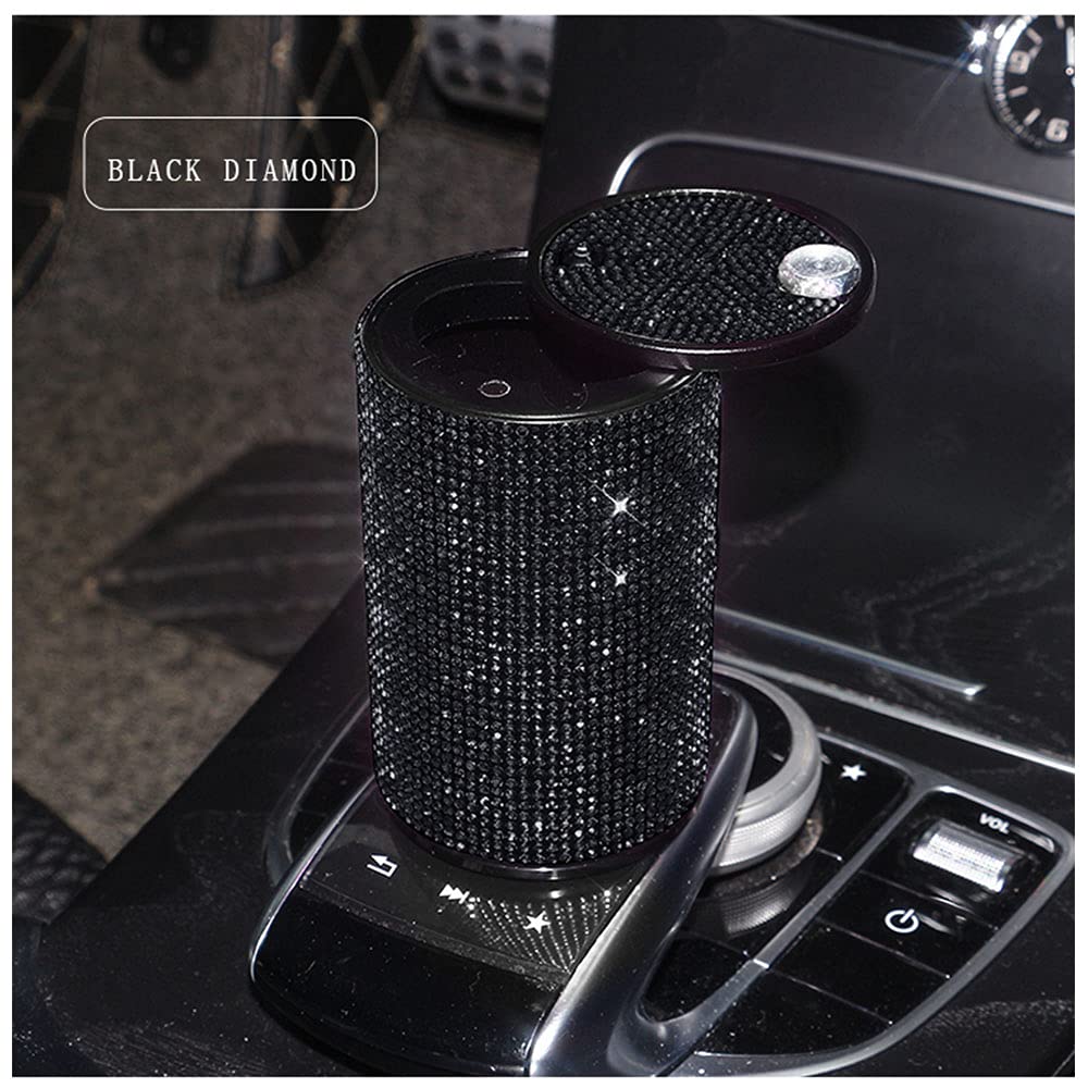 Portable Smell Proof Crystal Diamond Ashtray with Lid - Mini Car Trash Can for Women, Ideal for Car, Home, Office, and Outdoor Use (Black, A)