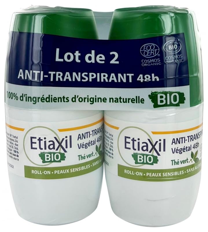 Organic Green Tea Scented Botanical Anti-Perspirant Deodorant Roll-On - 48 Hour Protection - 2 Pack (50ml Each) - Natural & Aluminum-Free for Sensitive Skin - Perfect for Gym, Work & Daily Freshness