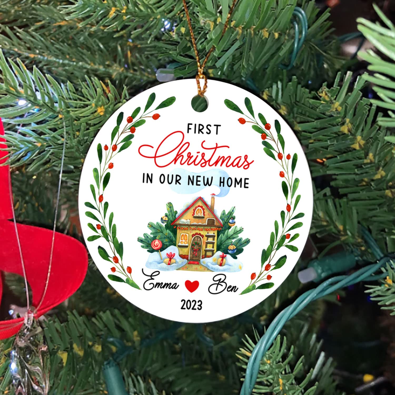 Personalized 2025 First Christmas in Our New Home Keepsake Ornament - Snowy House Christmas Tree Decoration for Newlywed Couples - New Home Gift for Housewarming & Christmas Celebrations