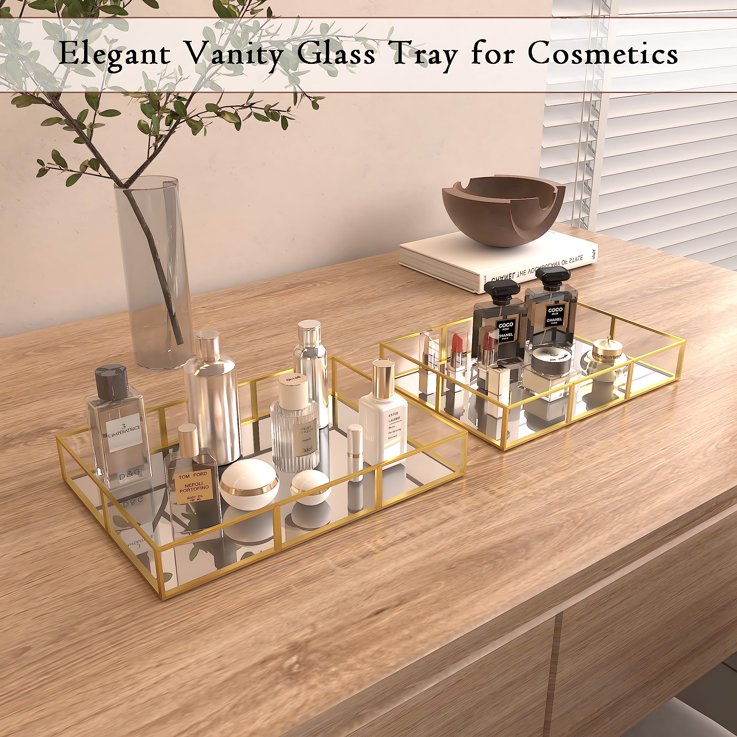 Gold Vanity Tray Set of 2 - Decorative Perfume & Jewelry Tray with Metal Frame for Dresser, Bathroom Counter, Nightstand - Perfect for Organizing Fragrances, Rings, Earrings & Home Decor Accessories