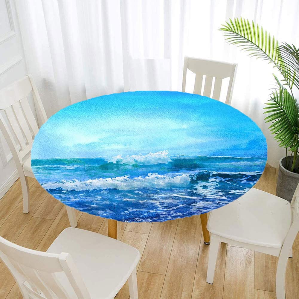 Ocean Themed Round Tablecloth - Waterproof & Wipeable Elastic Edge for 24 Inch Tables | Perfect for Weddings, Banquets, Restaurants & Parties | Beach Decor, Nautical Dining & Outdoor Events