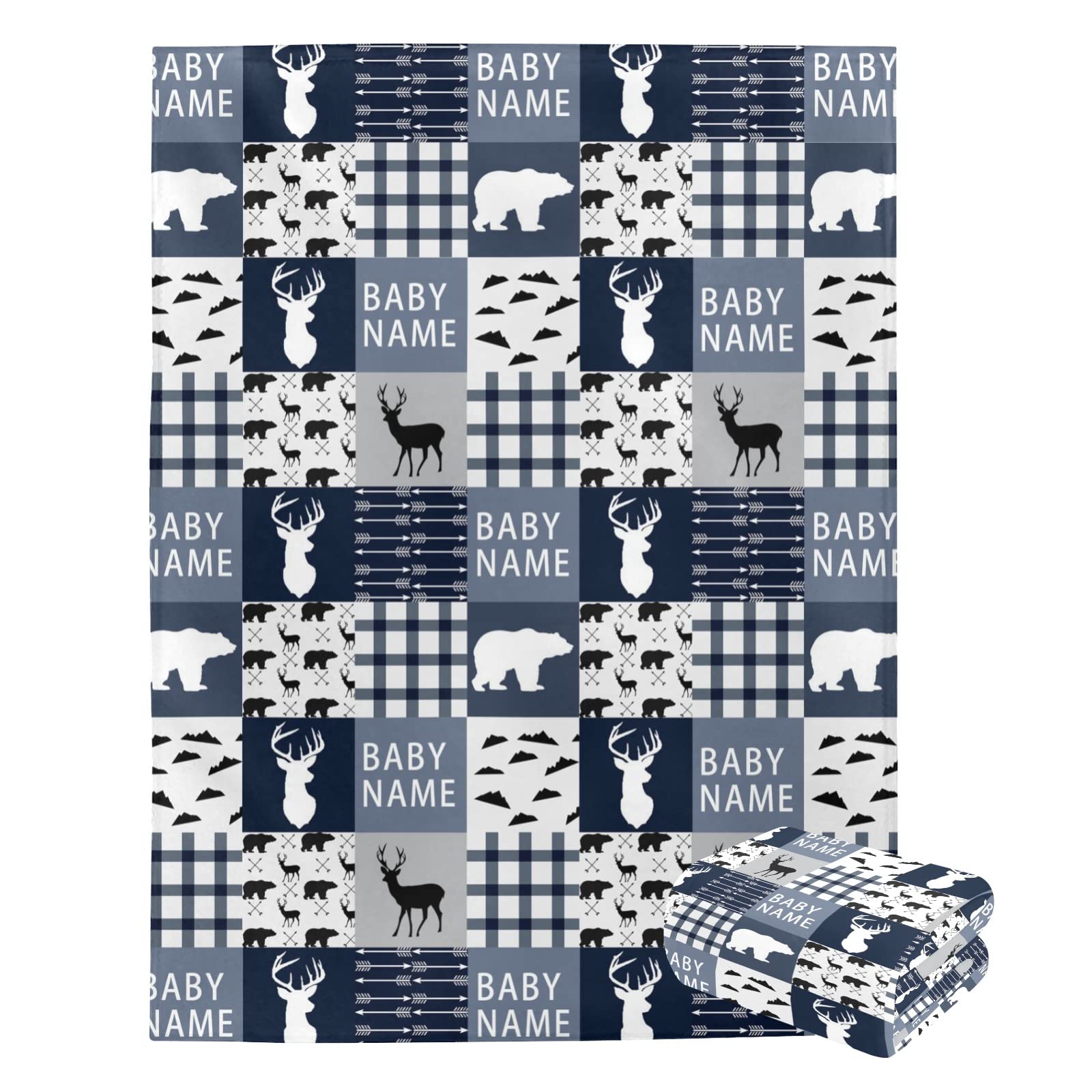 Personalized Baby Blanket with Name - Custom Moose Deer Bear Design for Boys, Toddlers & Newborns | Soft Nursery Blanket for Crib, Stroller & Travel | Woodland Theme Baby Gift & Nursery Decor
