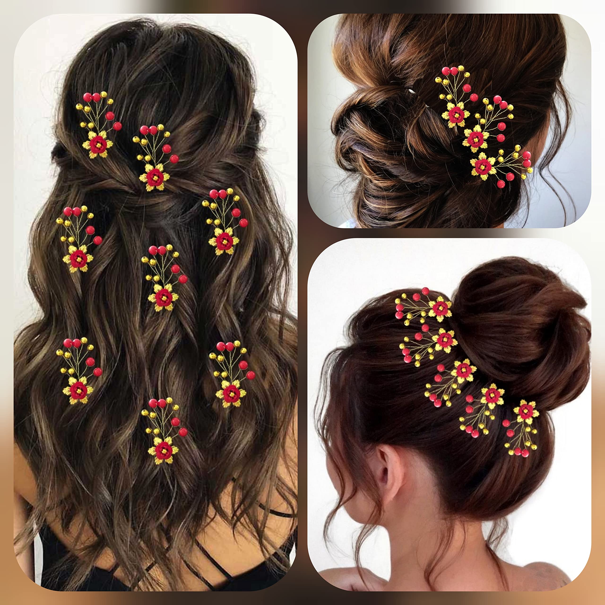 Elegant Red Artificial Flower Hair Pin with Beads for Women & Girls - Bridal Hair Accessories, Juda Pin, Pack of 8 - Perfect for Weddings, Parties & Special Occasions