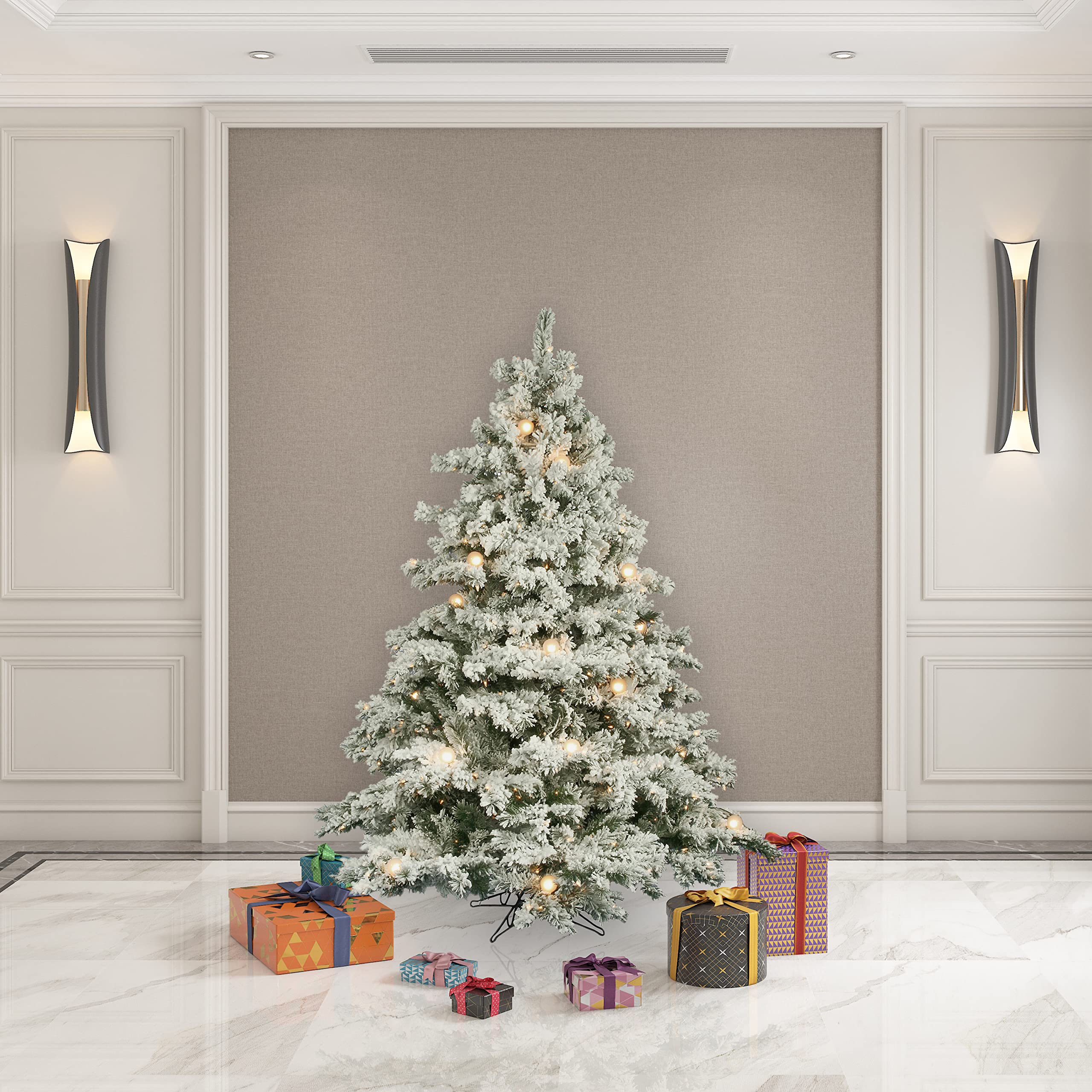 Vickerman 6.5ft Pre-Lit Flocked Alaskan Pine Artificial Christmas Tree with 600 Dura-Lit® Clear Lights & 30 G50 Lights - 1045 PVC Tips for Indoor Holiday Decor | Perfect for Living Room, Office & Festive Home Decoration