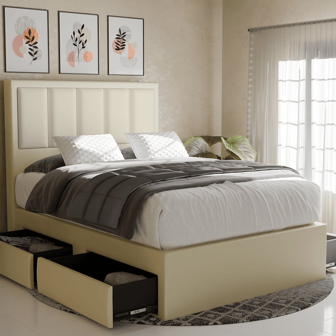 Marley Faux Leather Drawer Bed Frame - Queen Size Storage Platform Bed with Underbed Drawers for Small Spaces | Perfect for Apartments, Dorms & Guest Rooms