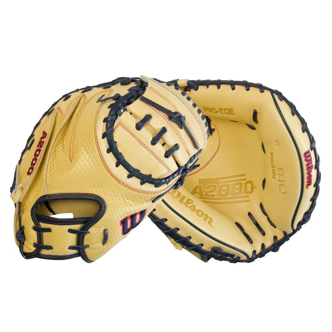Wilson A2000 CM33 SuperSnakeSkin Golden Viper 33 Baseball Catcher's Mitt - Blonde & Navy | Professional Baseball Glove for Catchers | Perfect for MLB Training & Competitive Games