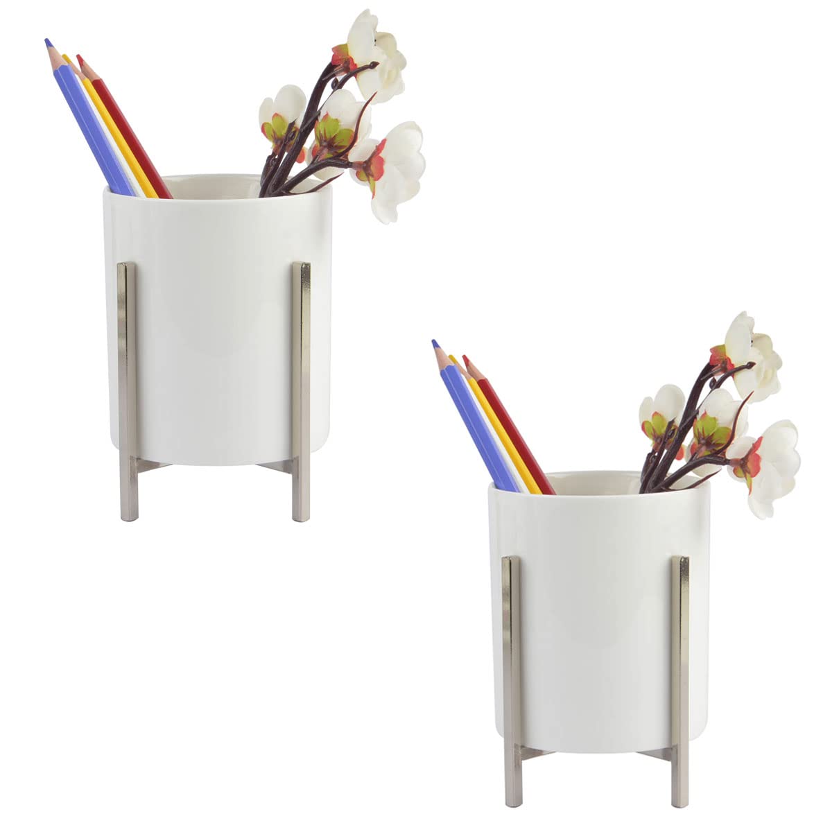 SAMAZAMA Pencil Cup Holder for Desk - 2 Pack White Stationery Organizer with Metal Bracket - Perfect for Office, School & Home Desk Organization (Silver Bracket, Modern Desk Decor)