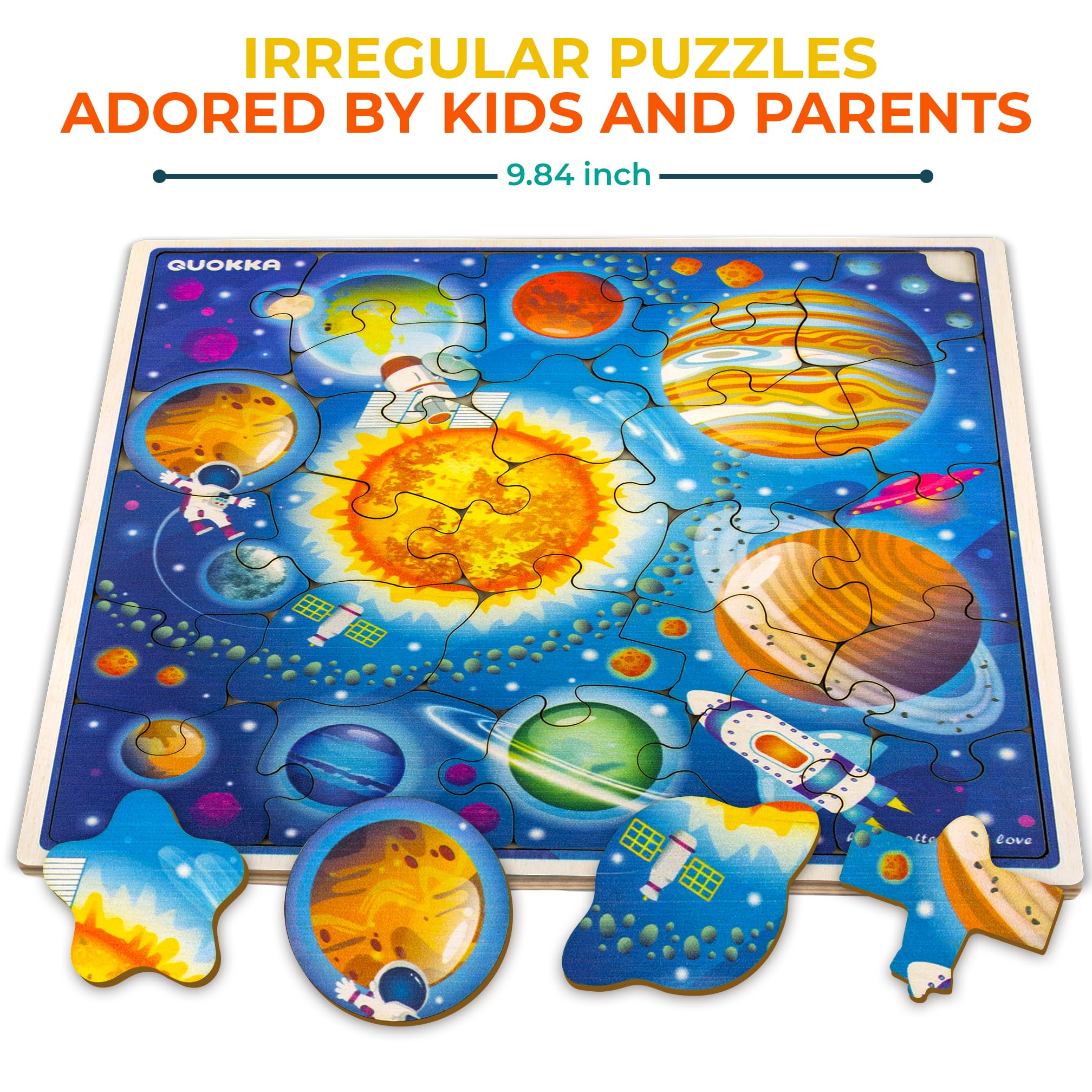 QUOKKA Wooden Space Puzzle for Kids Ages 3-8 - 28 Piece STEM Learning Toy with Planets, Rockets & Astronauts - Educational Toddler Puzzle for Boys & Girls - Perfect Gift for Preschool, Birthday & Classroom Activities - Fun Space Exploration Game for Early Learning & Playtime