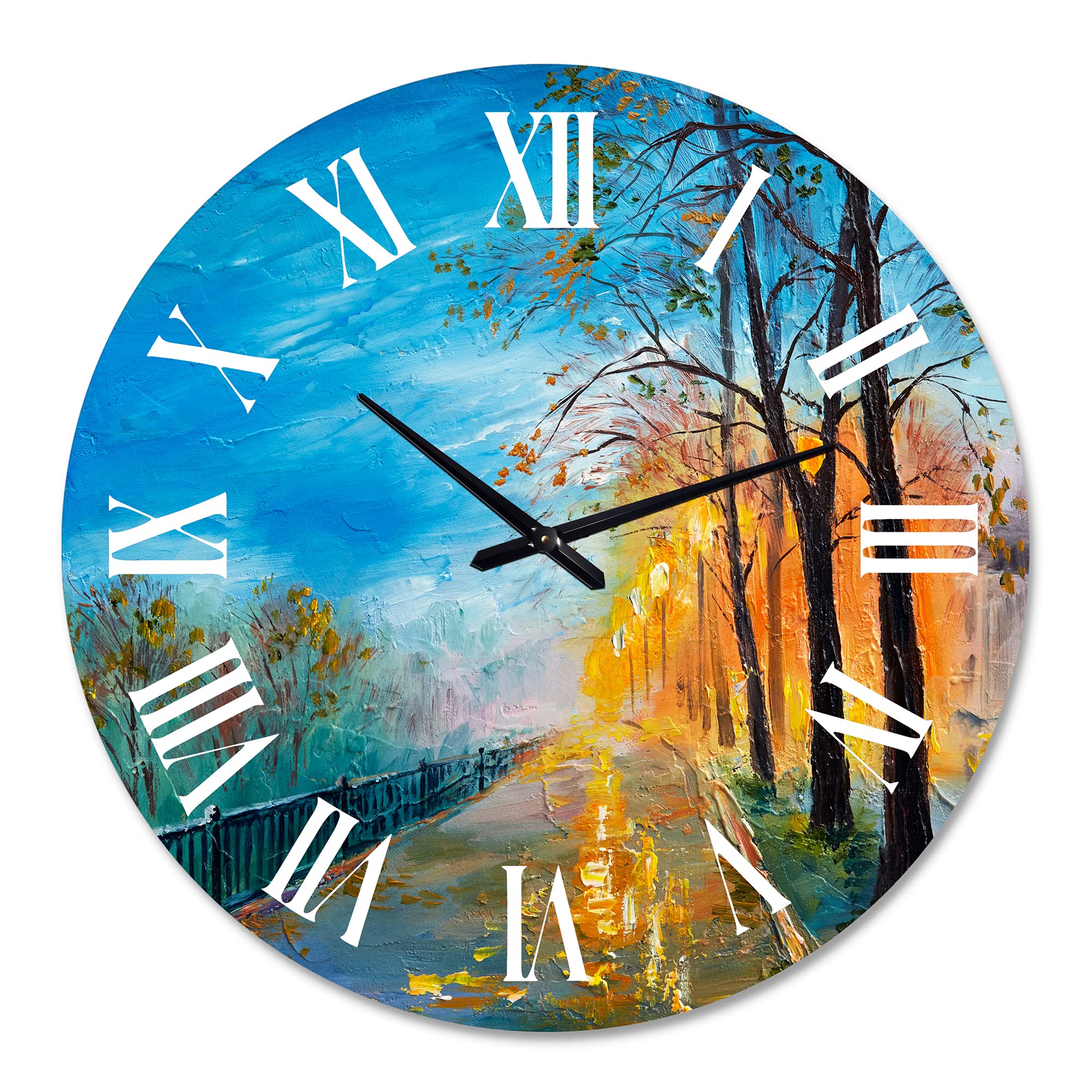 DesignQ Traditional Wall Clock 'Evening On Autumn Road' - Large Landscape Nature Wall Clock for Home, Office, Living Room Decor - Perfect for Farmhouse, Bedroom & Kitchen Wall Art