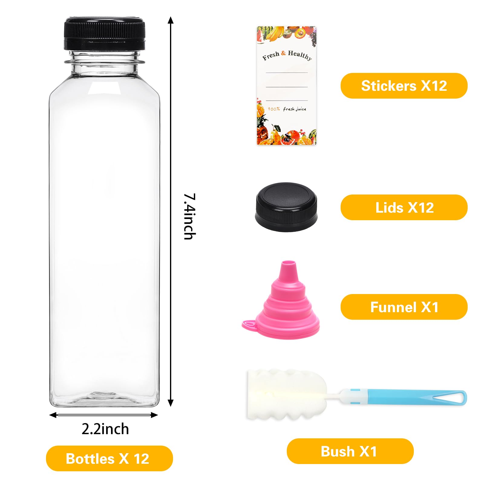 Moretoes 81-Pack 16oz Clear Plastic Juice Bottles with Lids - Reusable Empty Bottles for Smoothies, Beverages, DIY Drinks - Includes Brush, Funnel & Labels - Perfect for Home, Cafe, Juice Bar, Party Favors