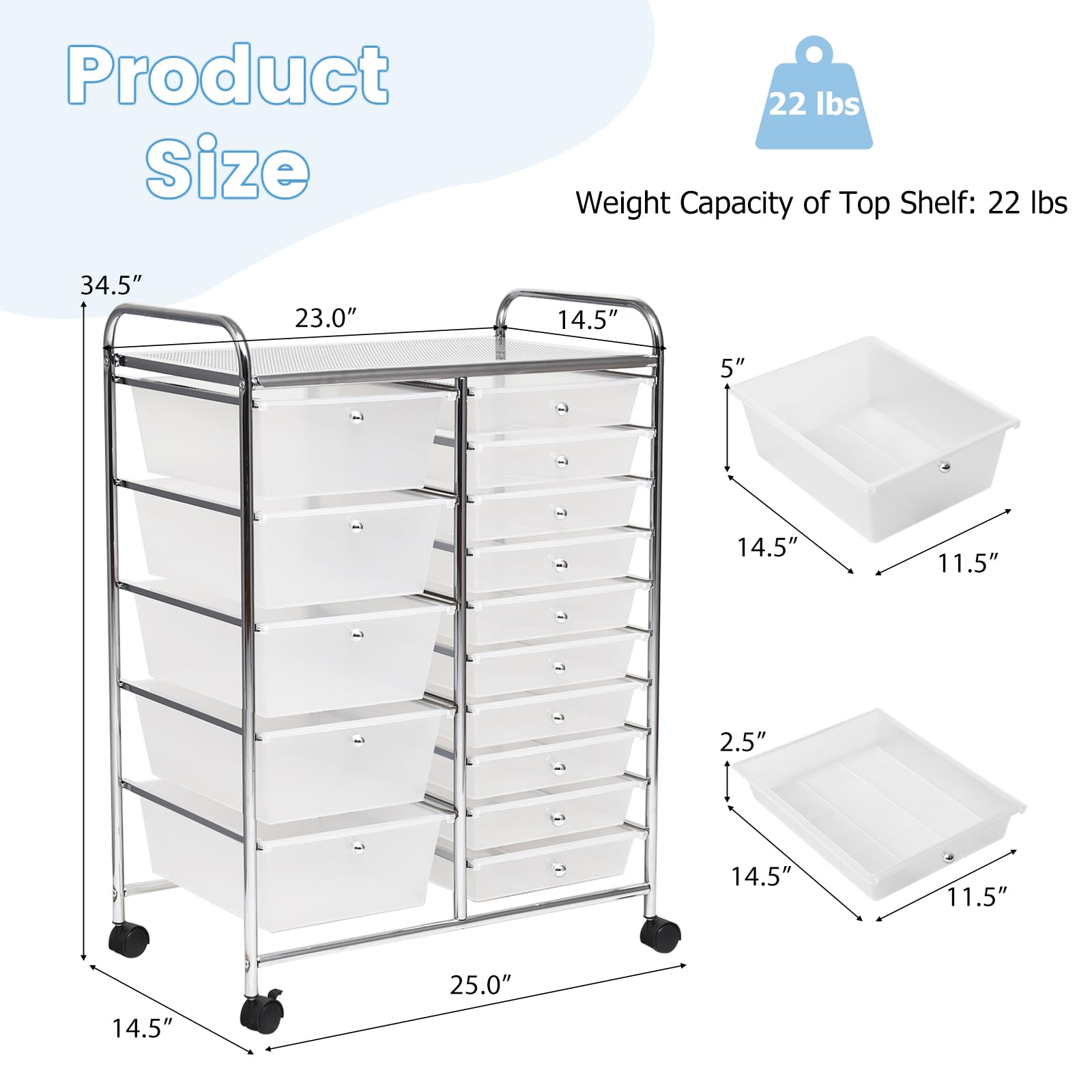 15-Drawer Rolling Cart with Lockable Wheels - Clear Plastic Storage Organizer for Art Supplies, Crafts, Files & Scrapbooking - Removable 2-Size Drawers for School, Home & Office Organization (Transparent) - Perfect for Classroom, Craft Room & Home Office Storage Solutions