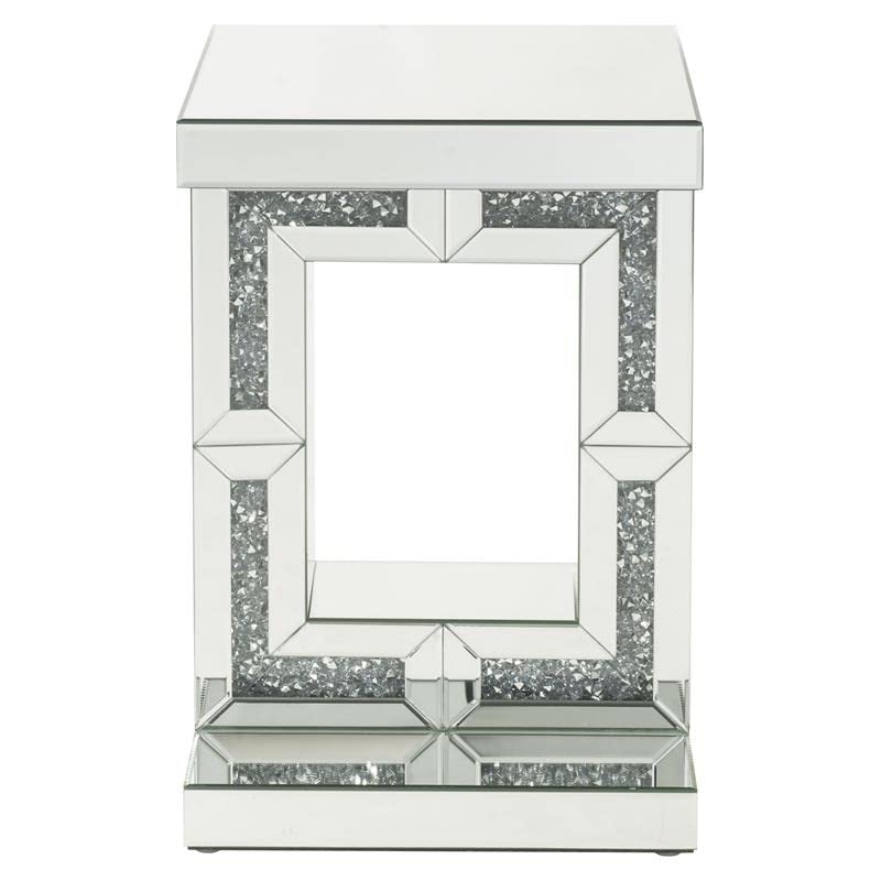 Acme Noralie Glass Accent Table with Pedestal Base - Elegant Mirrored Finish & Faux Diamond Decor | Perfect for Living Room, Bedroom, or Entryway Decor