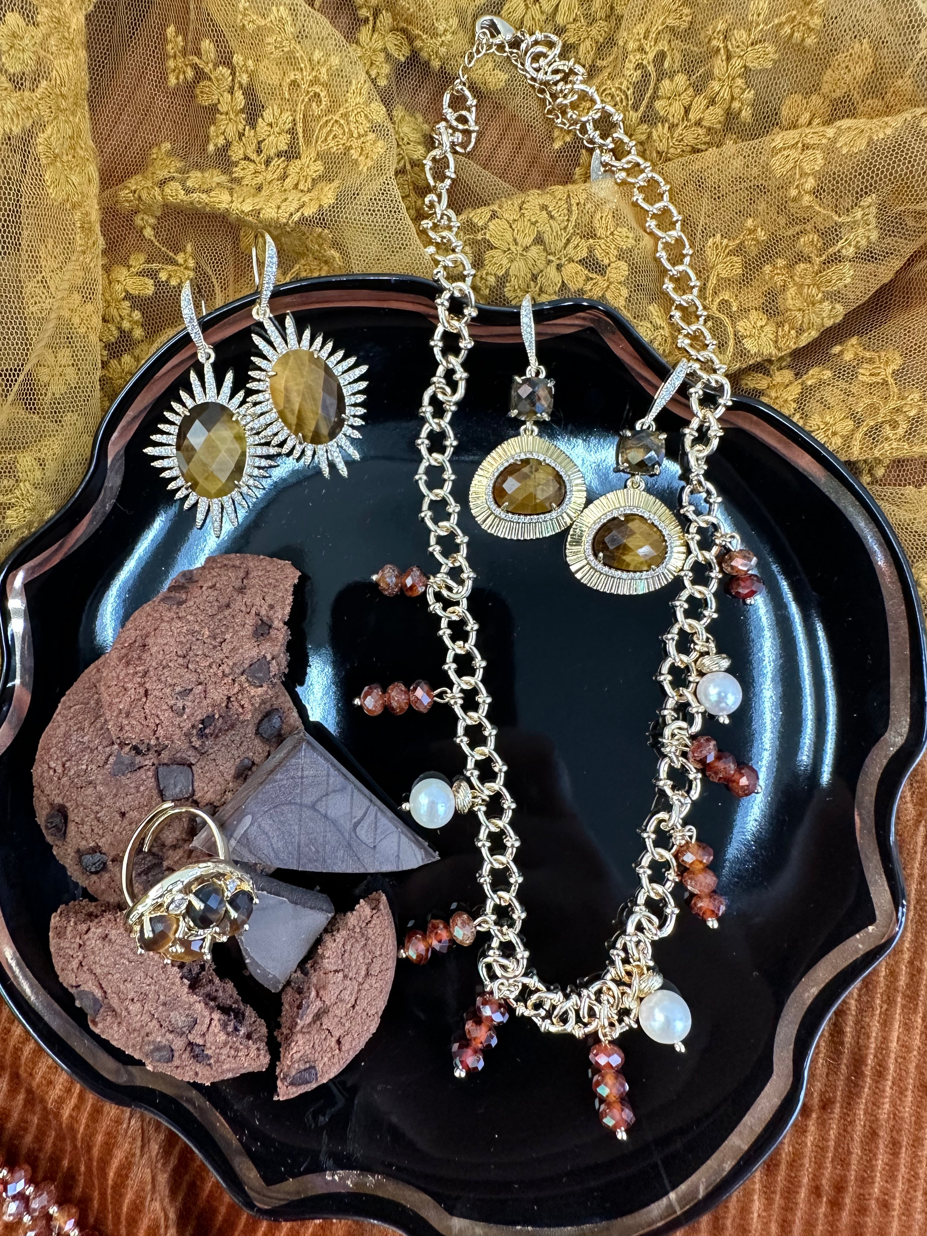 Orange Garnet & Freshwater Pearls Statement Chain Necklace KN034 - Elegant Bohemian Jewelry for Women, Perfect for Weddings, Parties and Special Occasions