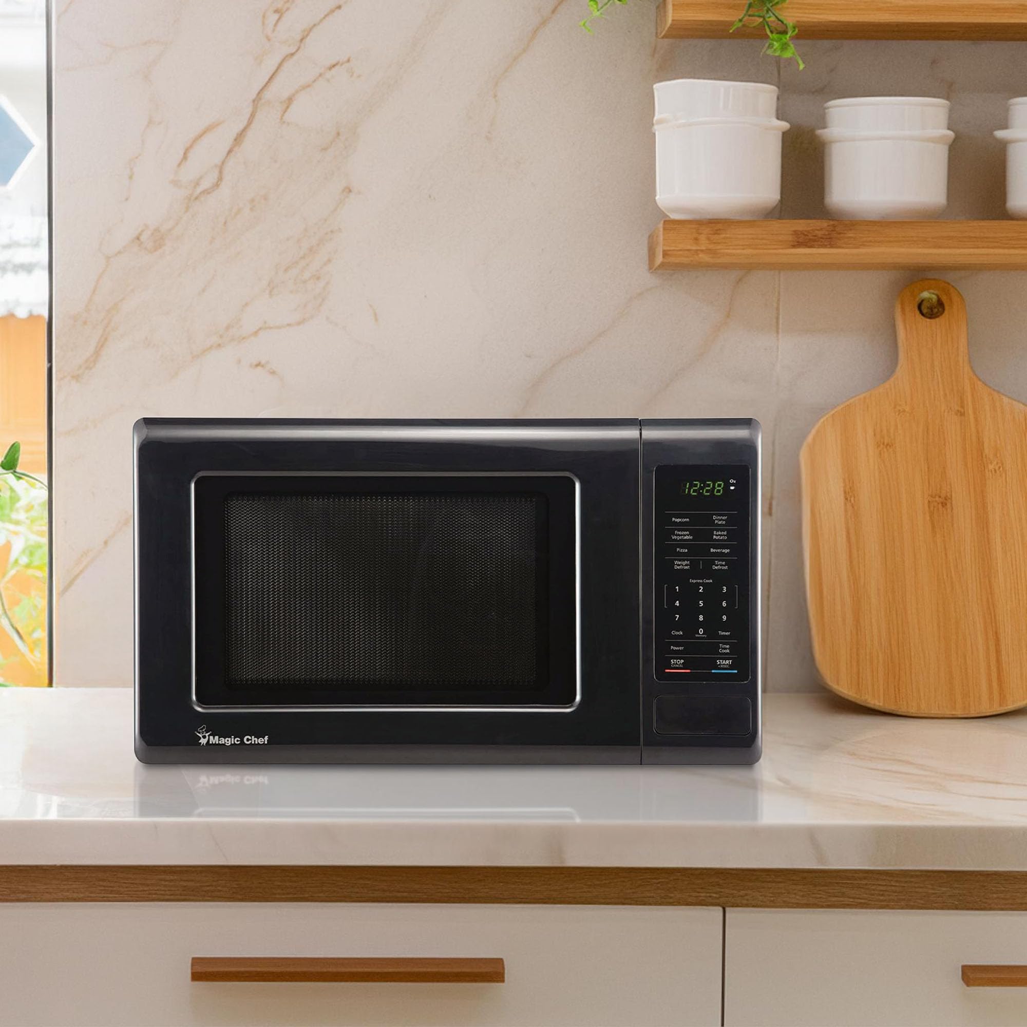 Magic Chef 0.9 Cu Ft 900W Compact Stainless Steel Countertop Microwave Oven - 6 Pre-Programmed Cooking Modes, Black | Perfect for Small Kitchens, Dorms, Offices & RVs