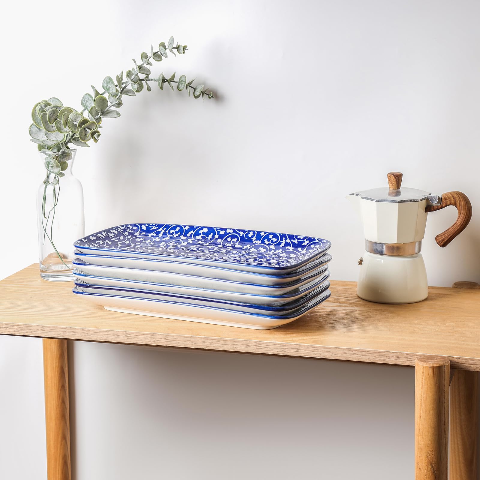 Selamica 12 Inch Ceramic Serving Platters - Set of 6 Large Rectangular Party Trays for Food Display, Appetizers & Entertaining - Vintage Blue Dinnerware for Weddings, Buffets & Holiday Gatherings
