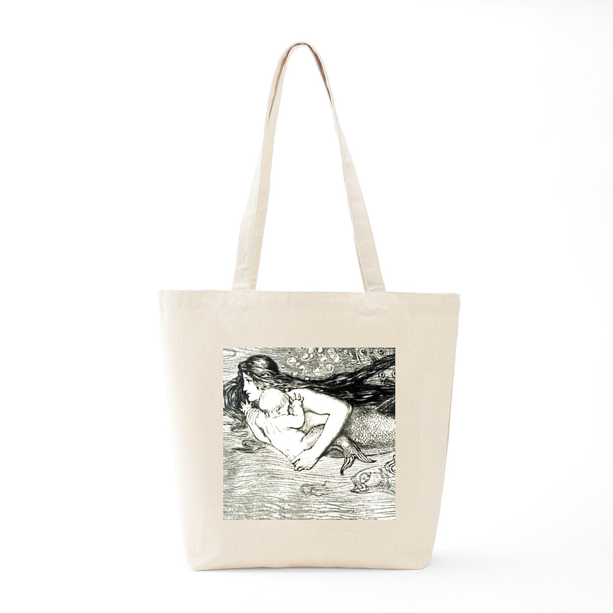 Amelia Bauerle Mermaid Tote Bag - Natural Canvas Reusable Shopping Bag for Beach, Grocery & Daily Use | Eco-Friendly Cotton Tote with Unique Mermaid Design