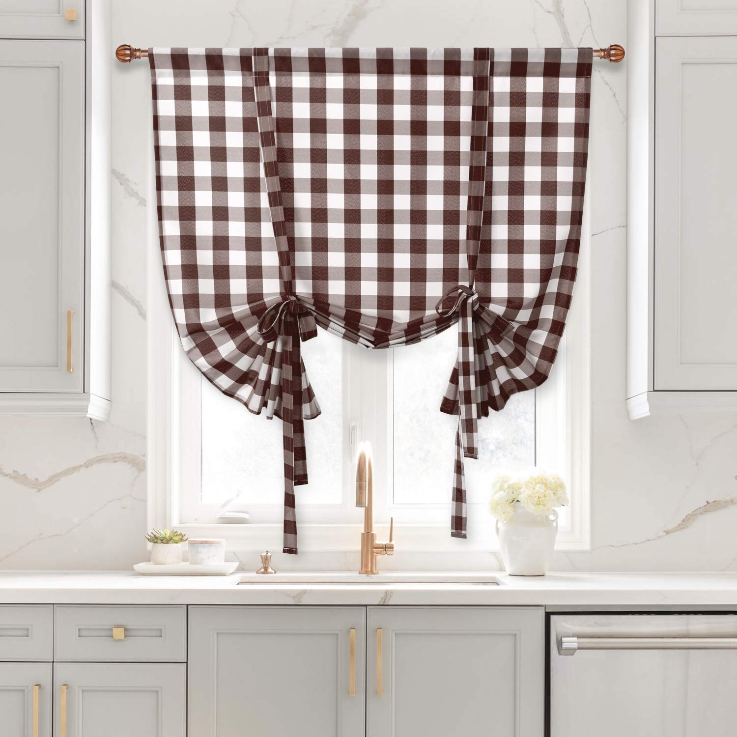Buffalo Check Tie-Up Kitchen Curtains 42 x 63 Inches - Semi Sheer Light Filtering Balloon Window Treatment for Small Windows (Rod Pocket, Coffee & White, 1 Panel) - Perfect for Farmhouse, Cottage & Rustic Home Decor