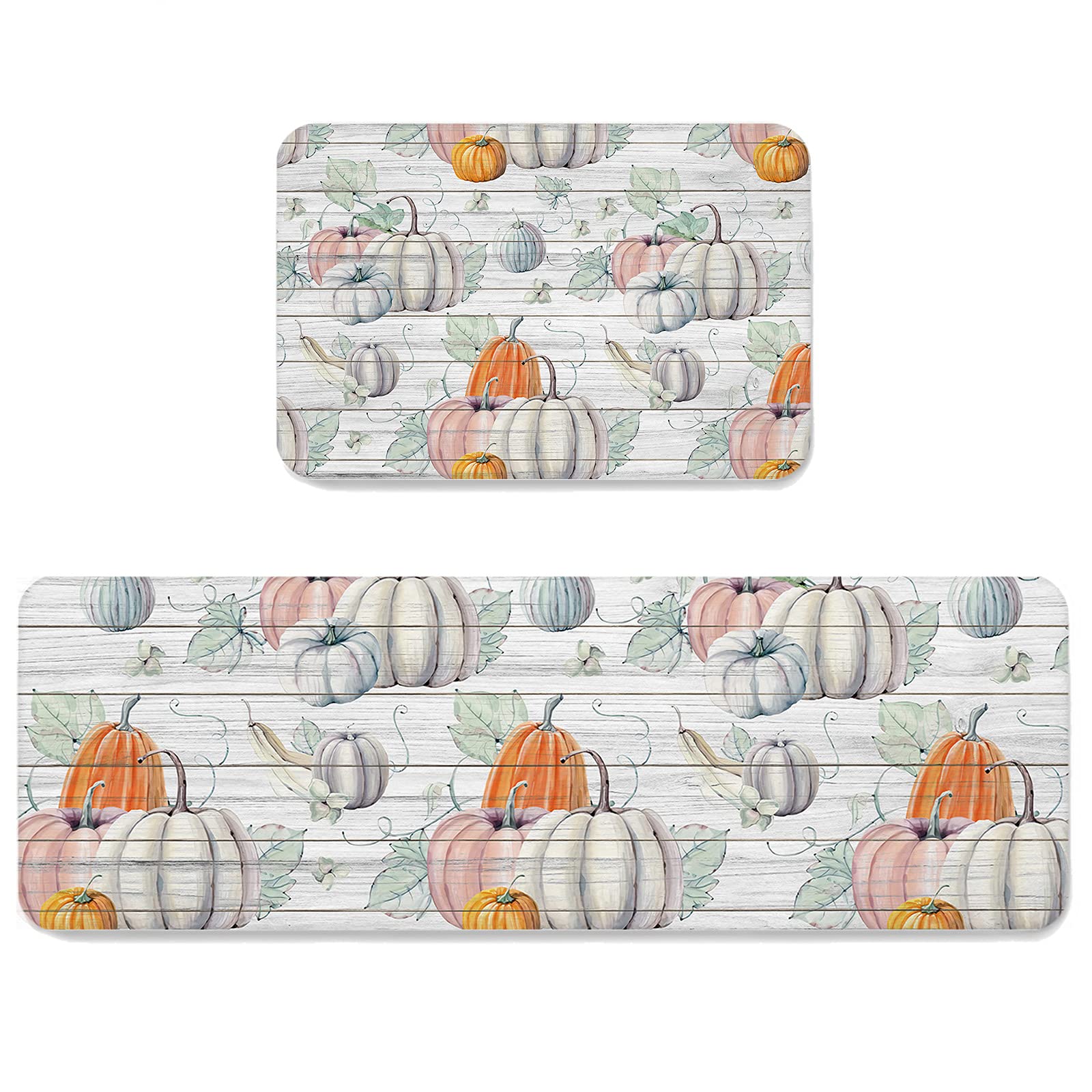 HELLOWINK Anti-Fatigue Kitchen Mat Set of 2 - Non-Slip Fall Farm Pumpkins Design, Vintage Wood Grey Rugs for Sink, Laundry, Home Office & Floor, Perfect for Kitchen, Entryway & High-Traffic Areas