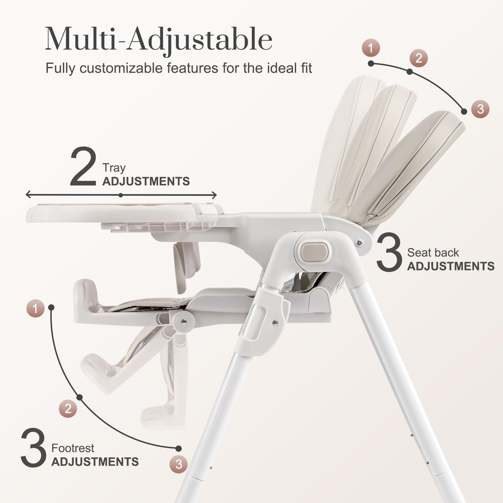 3-in-1 Convertible Baby High Chair with 6 Height & 3 Recline Adjustments - Foldable Toddler Feeding Chair with Removable Tray, 3 Detachable Toys & Built-in Wheels - Perfect for Dining, Weaning & Playtime (Taupe)