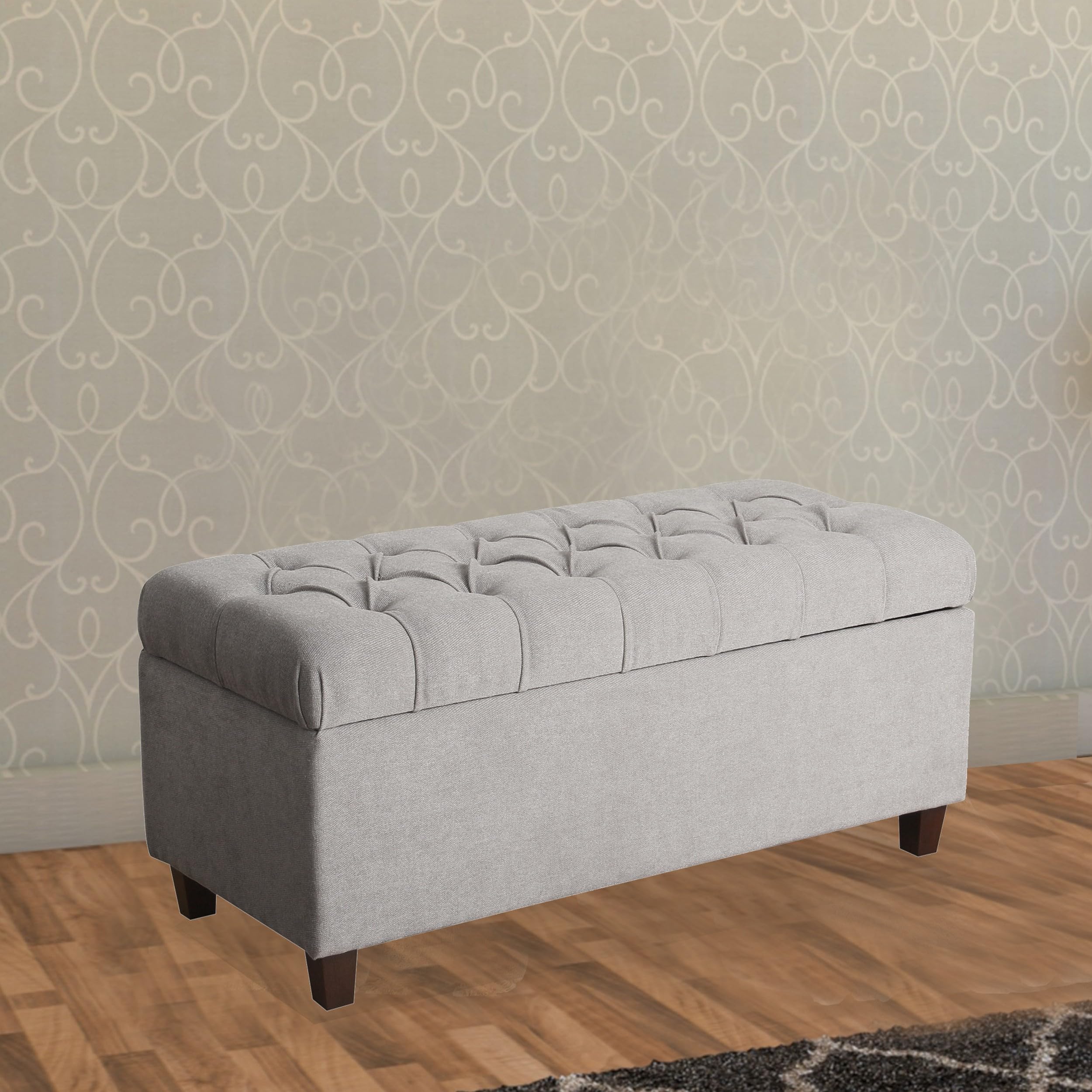 Homepop Tufted Ainsley Button Storage Ottoman Bench with Hinged Lid - Grey Upholstered Storage Ottoman for Living Room & Bedroom - Perfect for Extra Seating, Footrest & Hidden Storage Organization