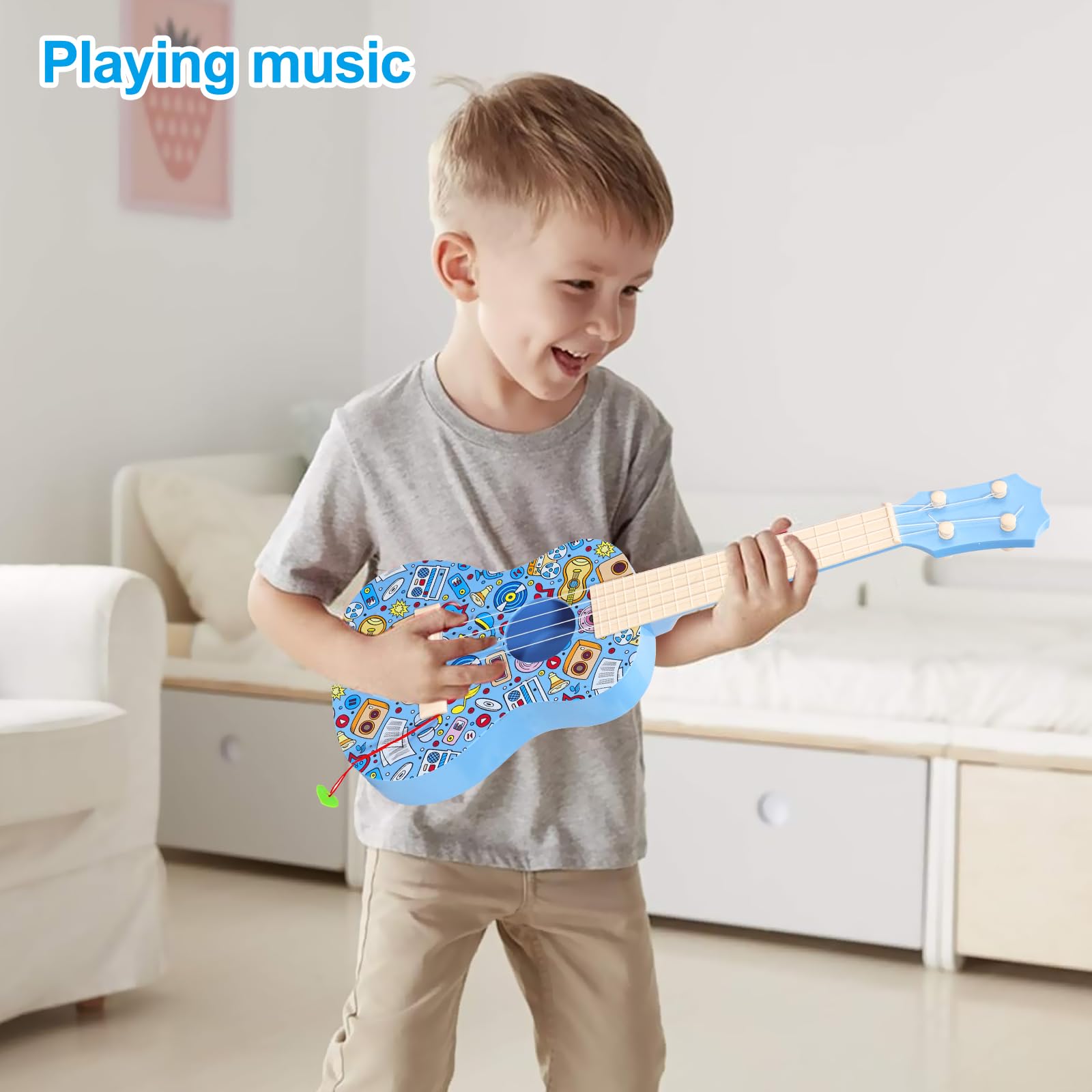 LeeQee 21 Inch Colorful Graffiti Ukulele for Kids - 4 String Beginner Musical Instrument with Picks, Educational Toy for Boys & Girls Ages 3-12 (Blue) | Perfect for Music Lessons, Birthday Gifts & Family Fun