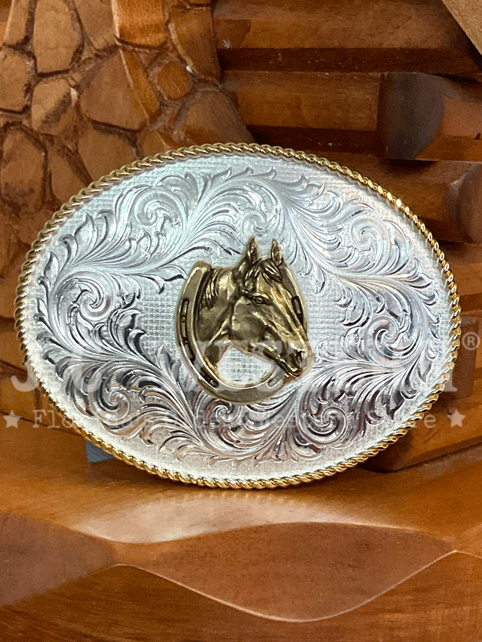 Montana Silversmiths 1255 642 Classic Western Buckle - Silver Horse Head in Horseshoe Design for Cowboy Boots & Western Fashion Accessories