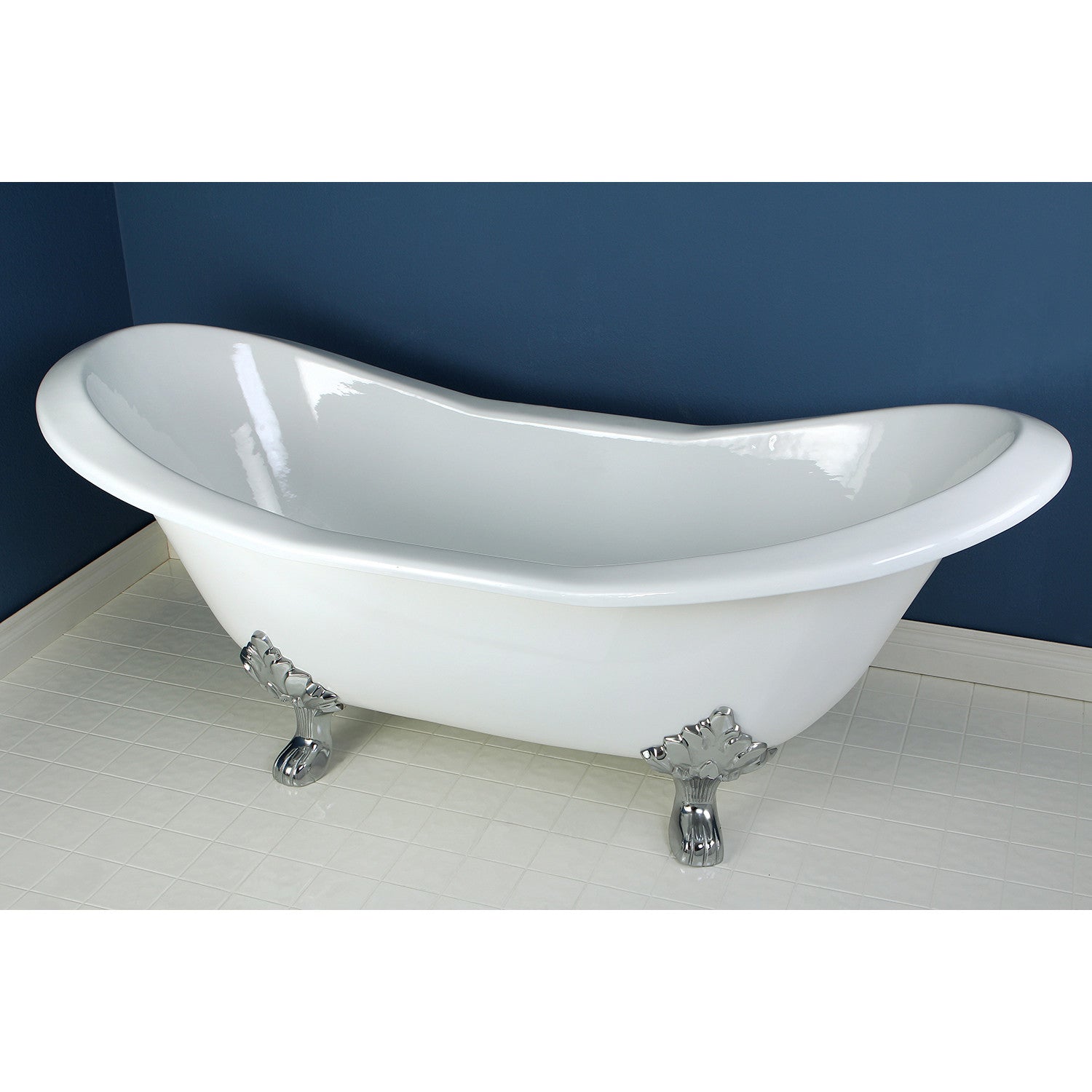 Aqua Eden 72 Inch White Cast Iron Oval Double Slipper Clawfoot Bathtub with Polished Chrome Faucet Drillings - Vintage Freestanding Soaking Tub for Luxurious Bathroom & Spa Retreat