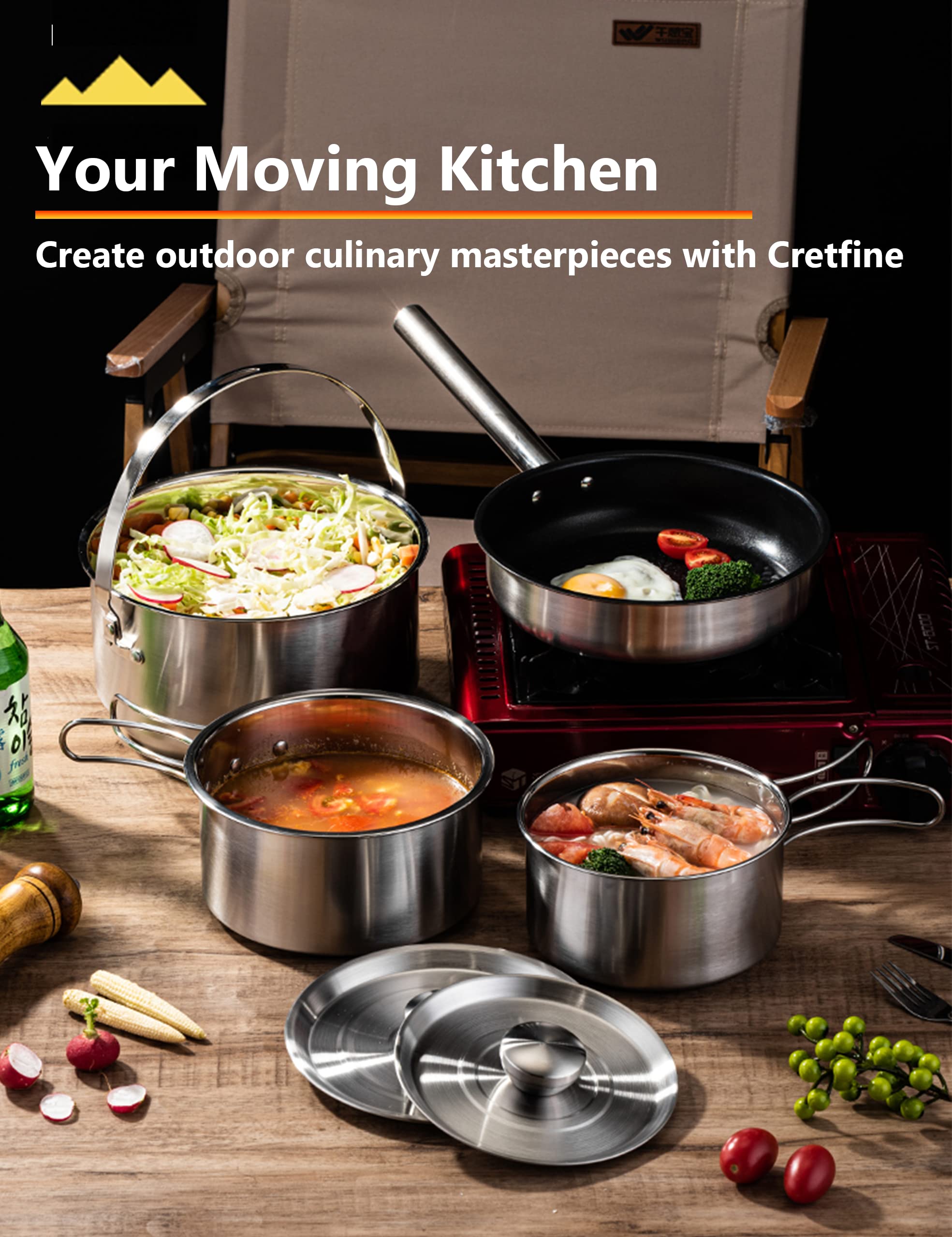 **CampPro Stainless Steel Camping Cookware Set for 4-8 People – Portable Camping Pots & Pans with Carrying Bag – Perfect for Campfire Cooking, RV Trips, Backyard Picnics & Outdoor Adventures**