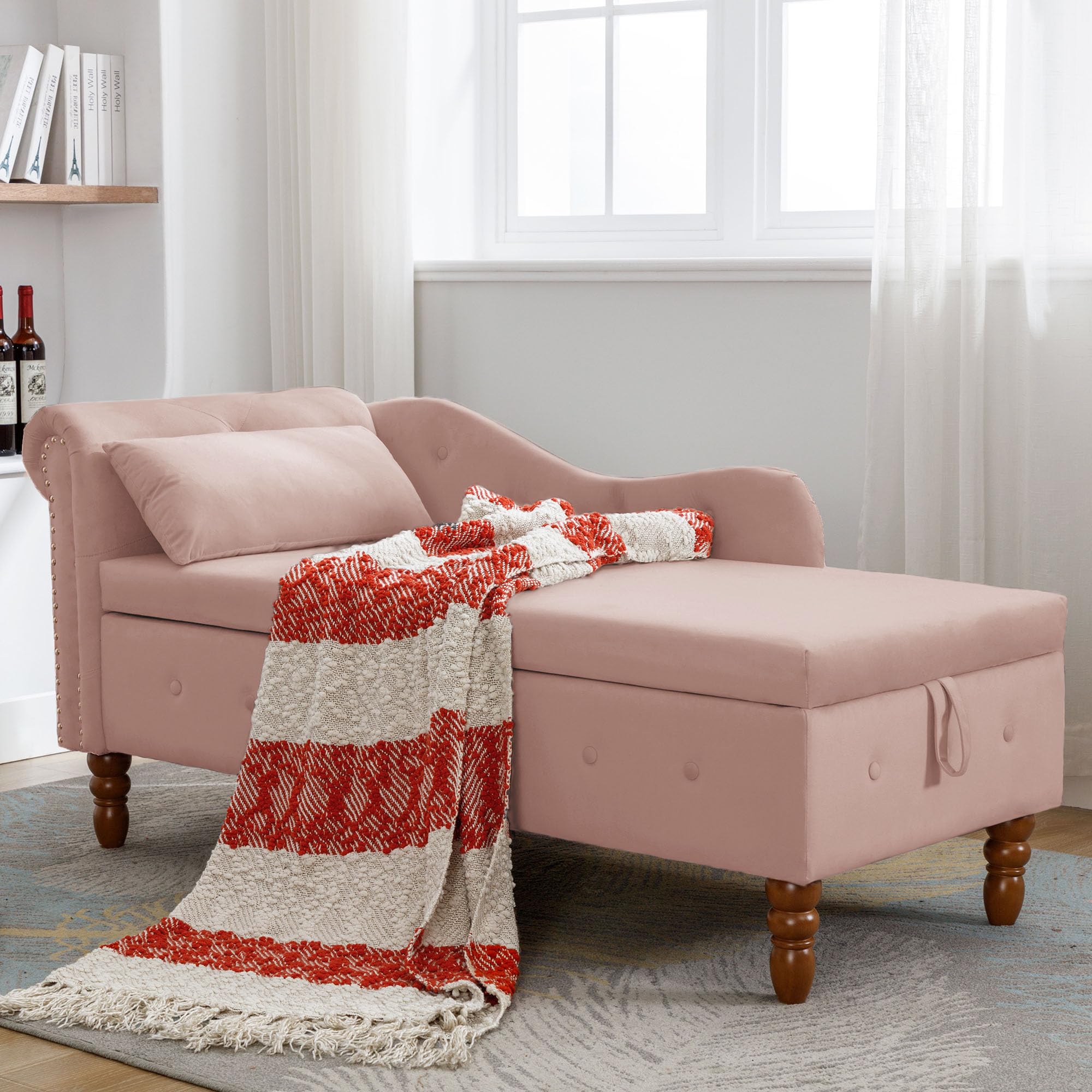 Velvet Chaise Lounge with Storage - Pink Sleeper Chair for Bedroom & Living Room