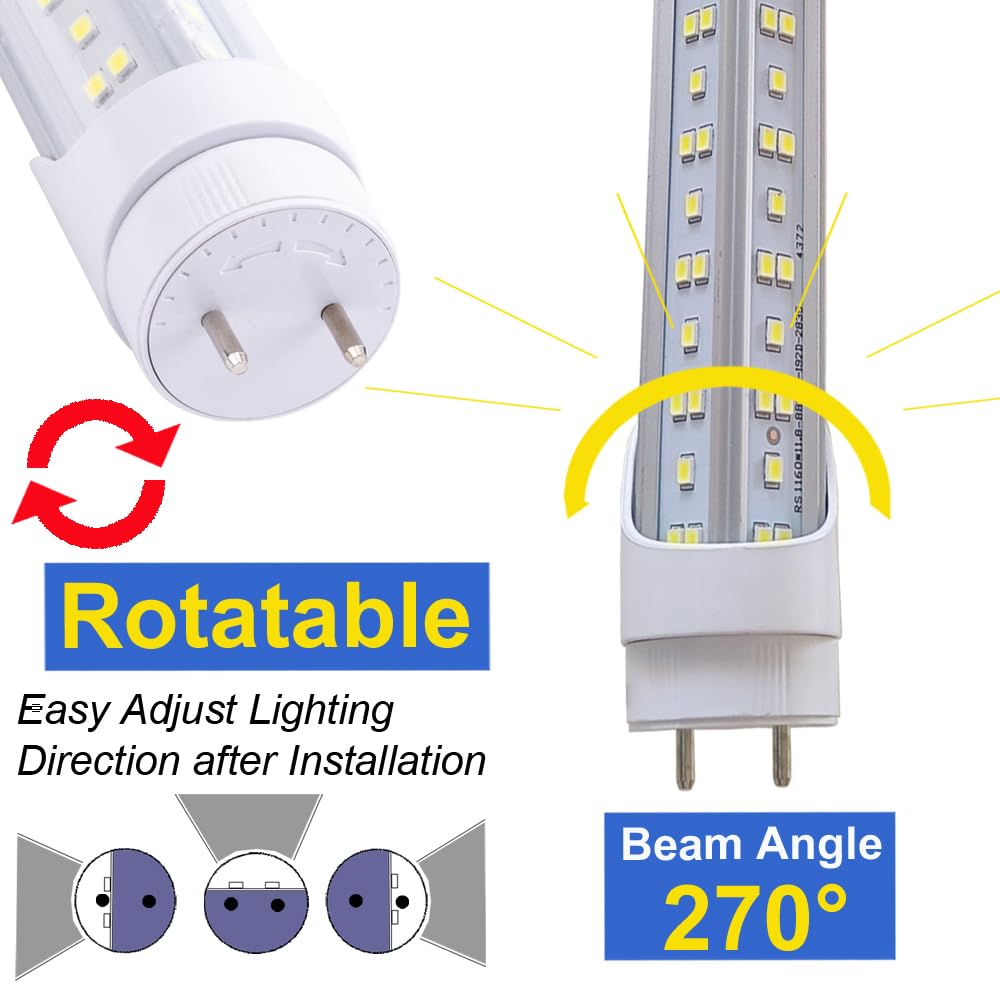 T8 LED Bulbs 4 Foot - Energy Efficient T12 LED Replacement (4FT 72W) - 7200lm 6500K Cool White Fluorescent Tube Lights - 2 Pack Bi-Pin G13 Base Type B - Ballast Bypass & Double Ended Power - No RF FM Driver - Perfect for Warehouses, Garages & Office Lighting