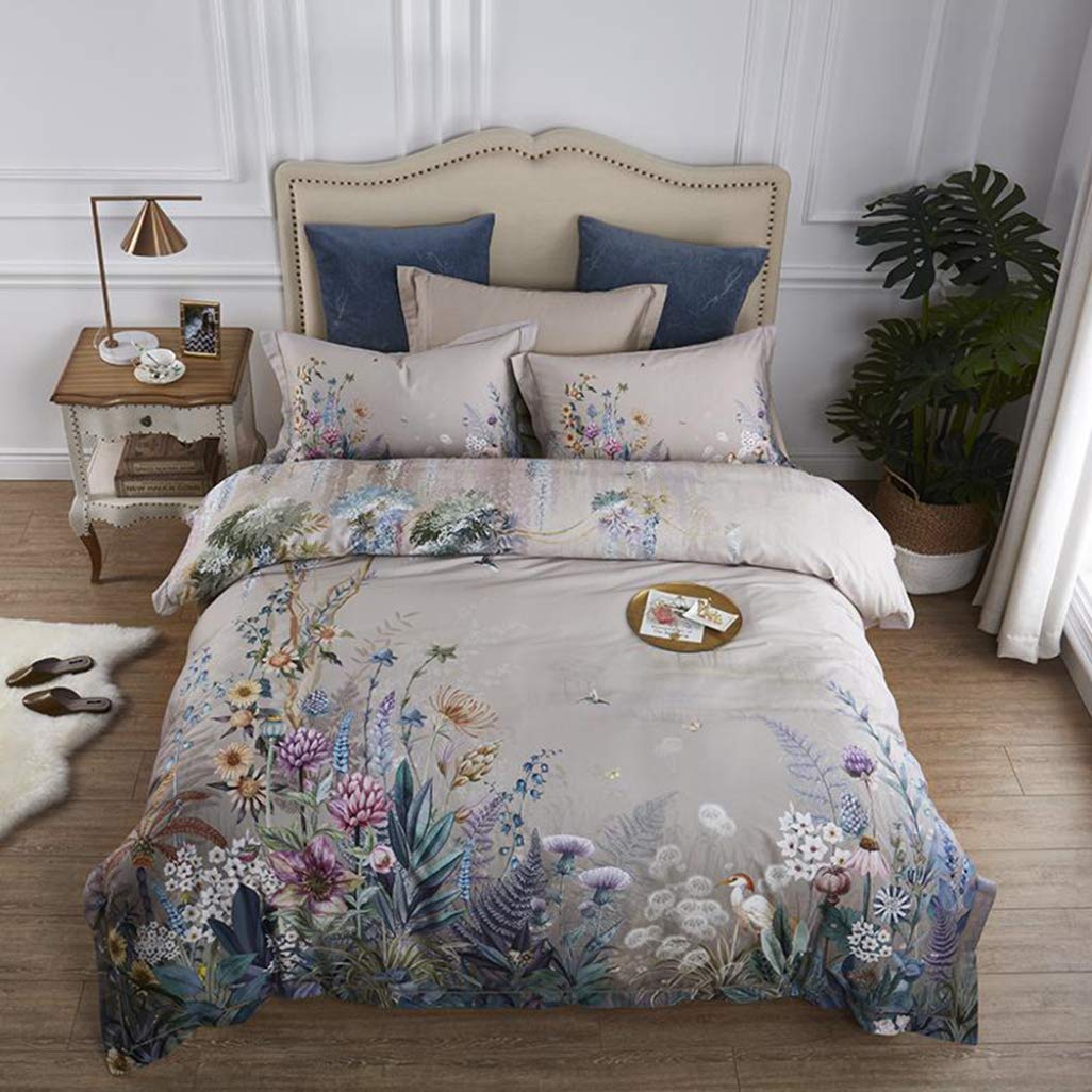 BERTERI Cotton Bedding Set - Elegant Floral Printed Duvet Cover, Flat Sheet & Pillowcases (4pc Queen/King Size) | Soft Breathable Bed Linens for Luxurious Comfort | Perfect for Master Bedrooms, Guest Rooms & Vacation Homes