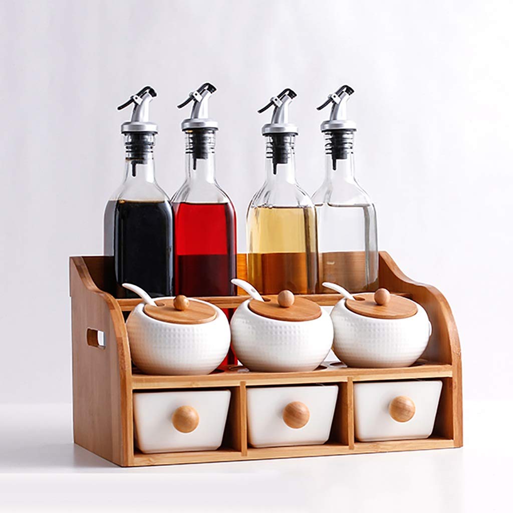 Ceramic Condiment Pots Set - 6-Piece Seasoning Box with Salt Shaker, Soy Sauce Bottle, and Oil Vinegar Dispenser for Kitchen Countertop - Perfect for Spice Storage & Cooking (Color: B)