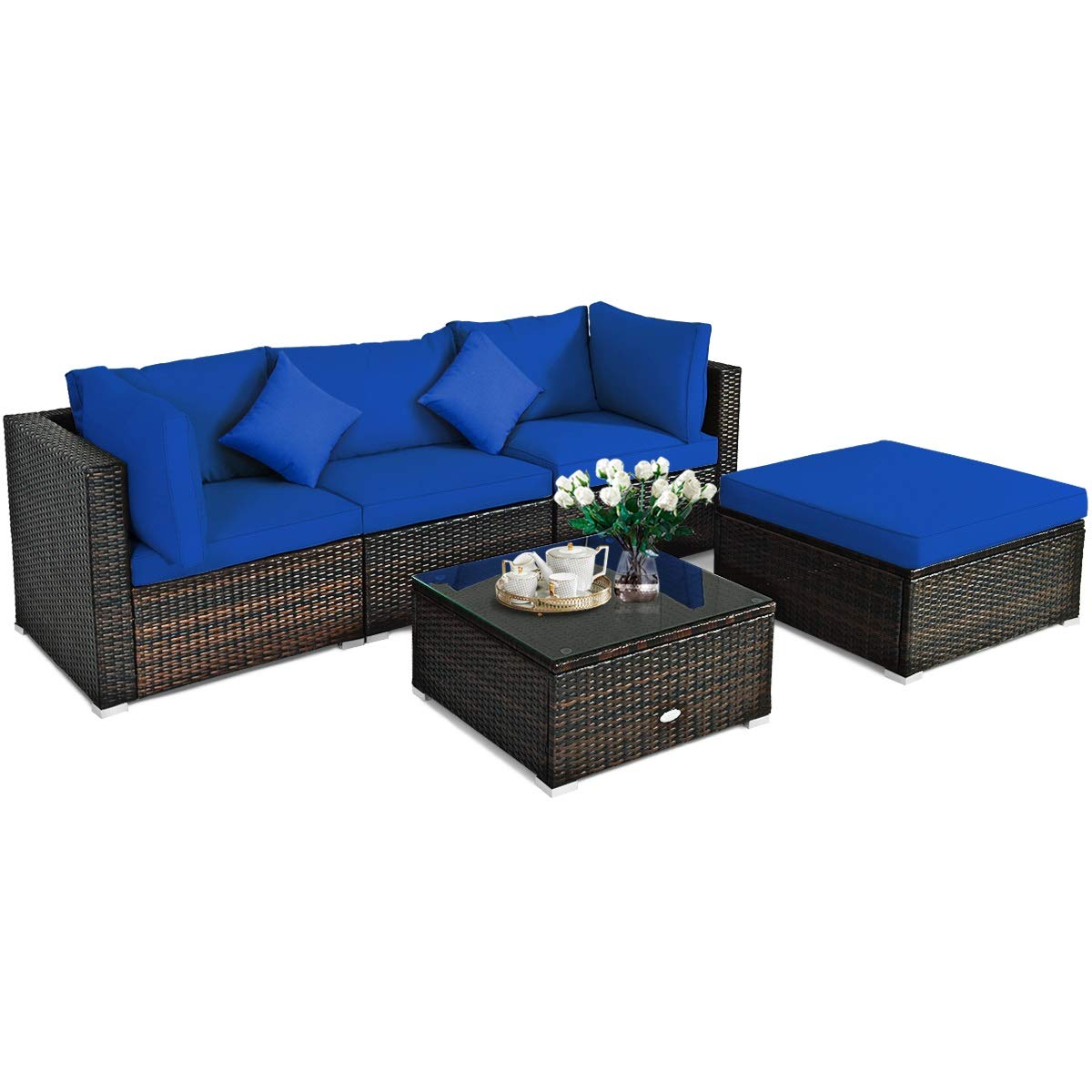 HAPPYGRILL 5-Piece Outdoor Patio Conversation Set - Rattan Wicker Sectional Sofa with Ottoman, Coffee Table, Cushions & Pillows - Perfect for Garden, Lawn, Balcony, Backyard & Poolside Relaxation