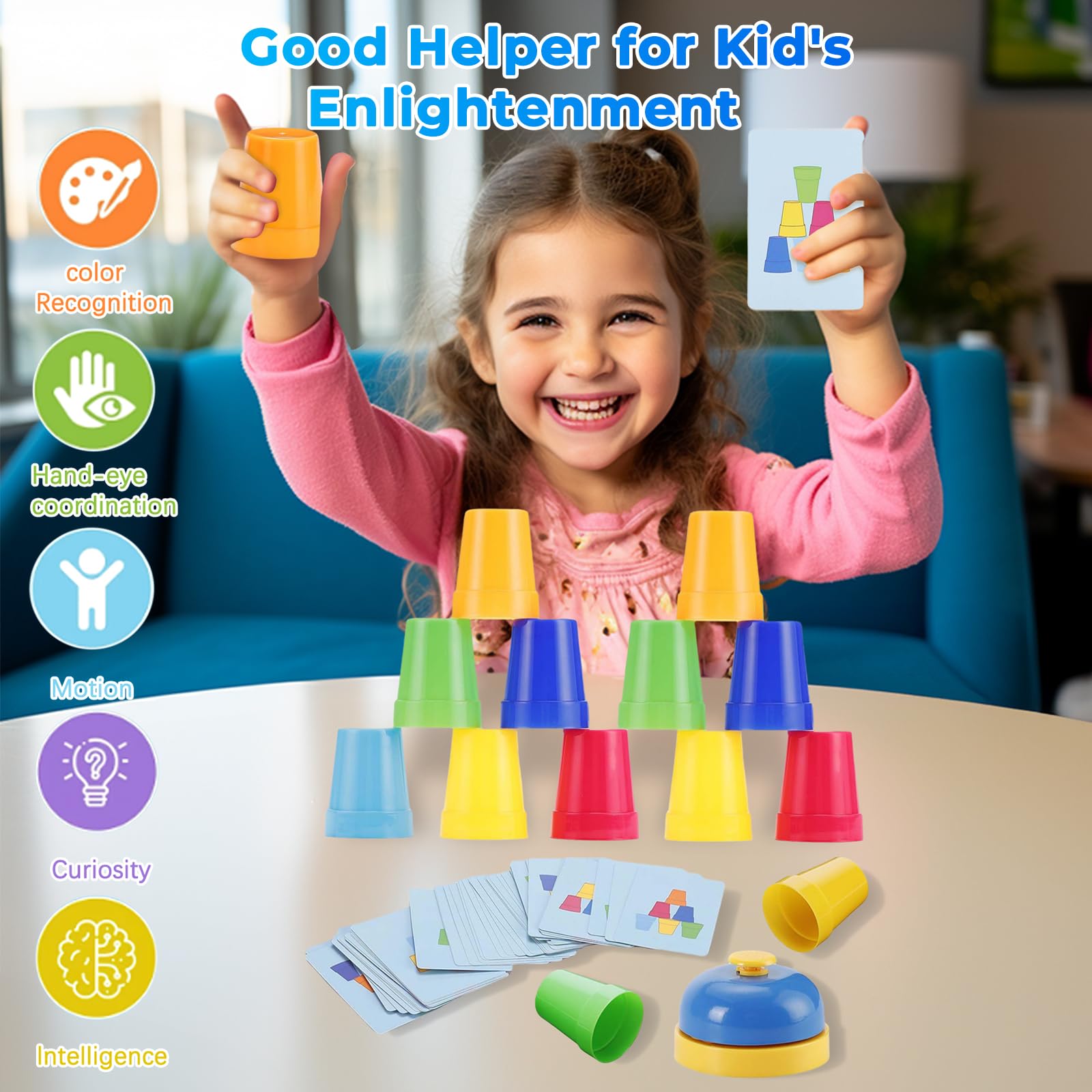 Quick Stacking Cups Set - Kids Speed Training Game with 54 Cards & Bell for Family Fun