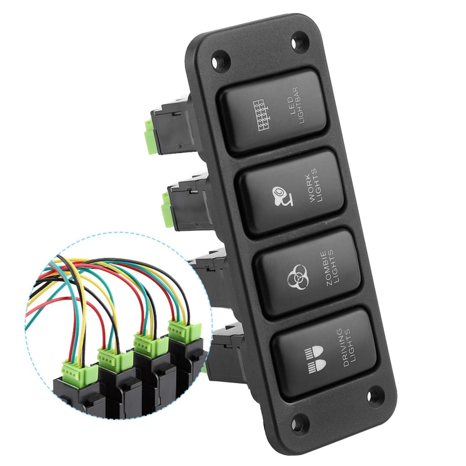 Fydun 4-Gang Switch Panel with Fog Light Switch, Driving Light Switch, Width Light & Push Button - Universal Car Light Control Panel for Off-Road Vehicles, Trucks & SUVs | Perfect for Night Driving, Off-Road Adventures & Vehicle Customization