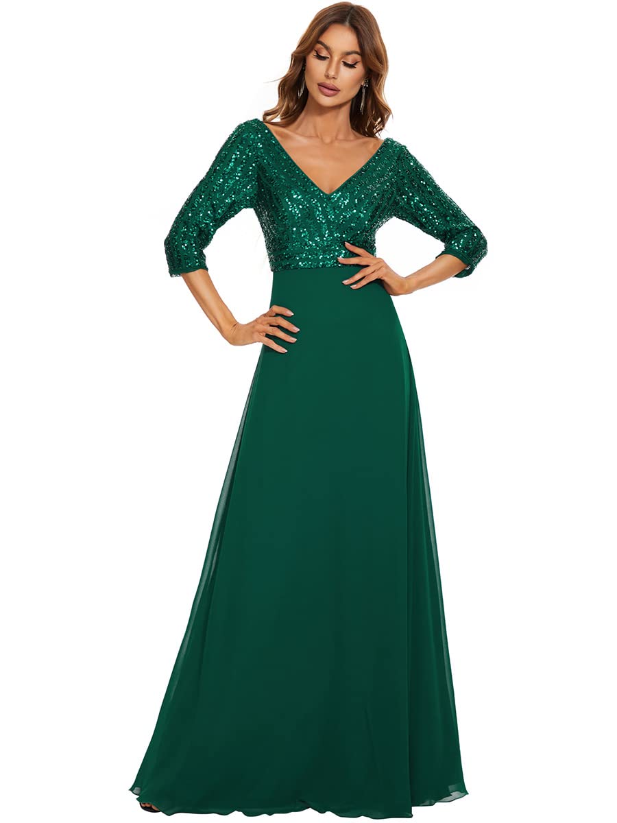 Ever-Pretty Women's Elegant V-Neck Long Sleeve Sequin Maxi Evening Dress - Formal Chiffon Gown for Prom, Wedding & Special Occasions