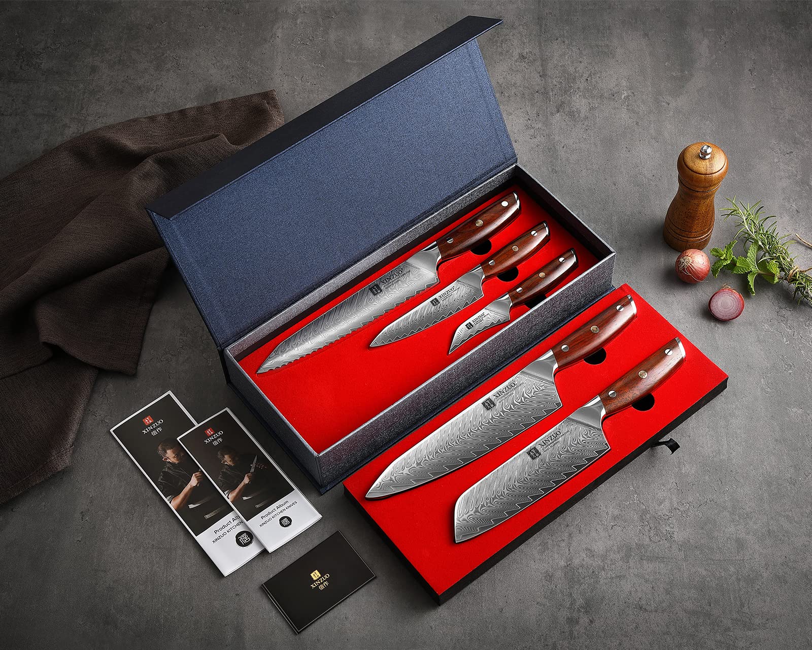 XINZUO 5-Piece Damascus Steel Knife Set - Professional Ultra Sharp Kitchen Knives with Natural Rosewood Handles - Perfect Chef Gift Box for Home Cooking & Professional Kitchens