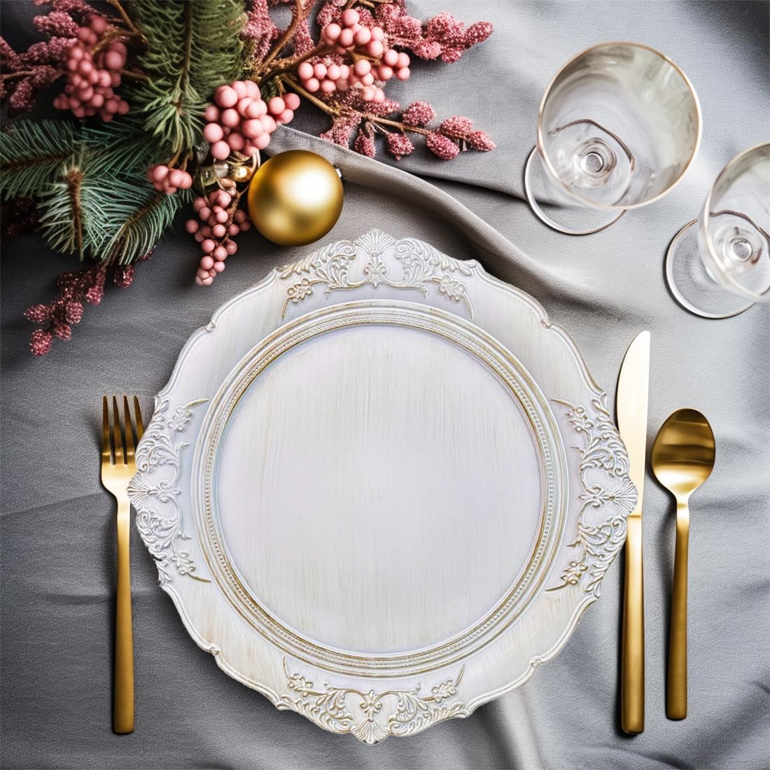 Antique White 13 Inch Embossed Plastic Charger Plates - Elegant Dinner Plate Chargers for Weddings, Parties & Formal Dining (Set of 6) | Perfect for Table Settings, Buffet Displays & Special Occasions