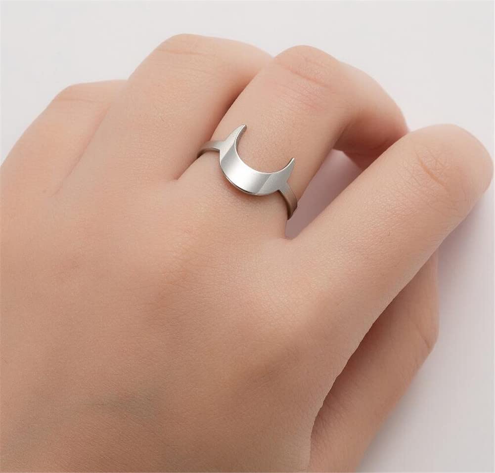 Stainless Steel Moon Crescent Rings for Women & Men - Open Geometric Hollow Half Moon Horn Couple Friendship Jewelry Set (2Pcs) - Perfect for Anniversary Gifts, Valentine's Day, and Matching Couple Accessories