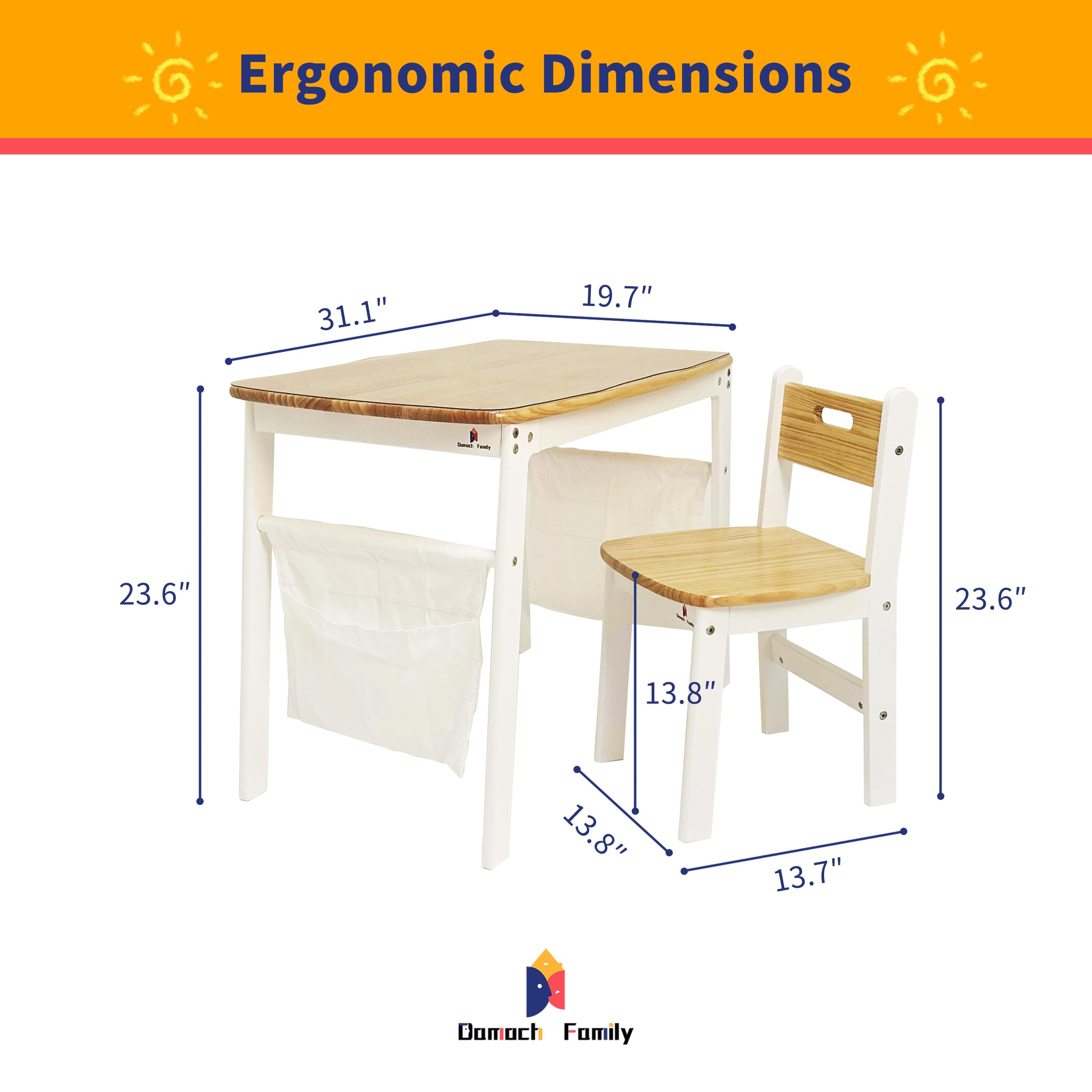 Damoch Family™ Kids Study Desk and Chair Set - Adjustable Height Children's Study Table with 2 Storage Bags & Table Protector - Perfect for Homework, Online Learning & Homeschooling - Ergonomic Design for Boys & Girls Ages 3-10