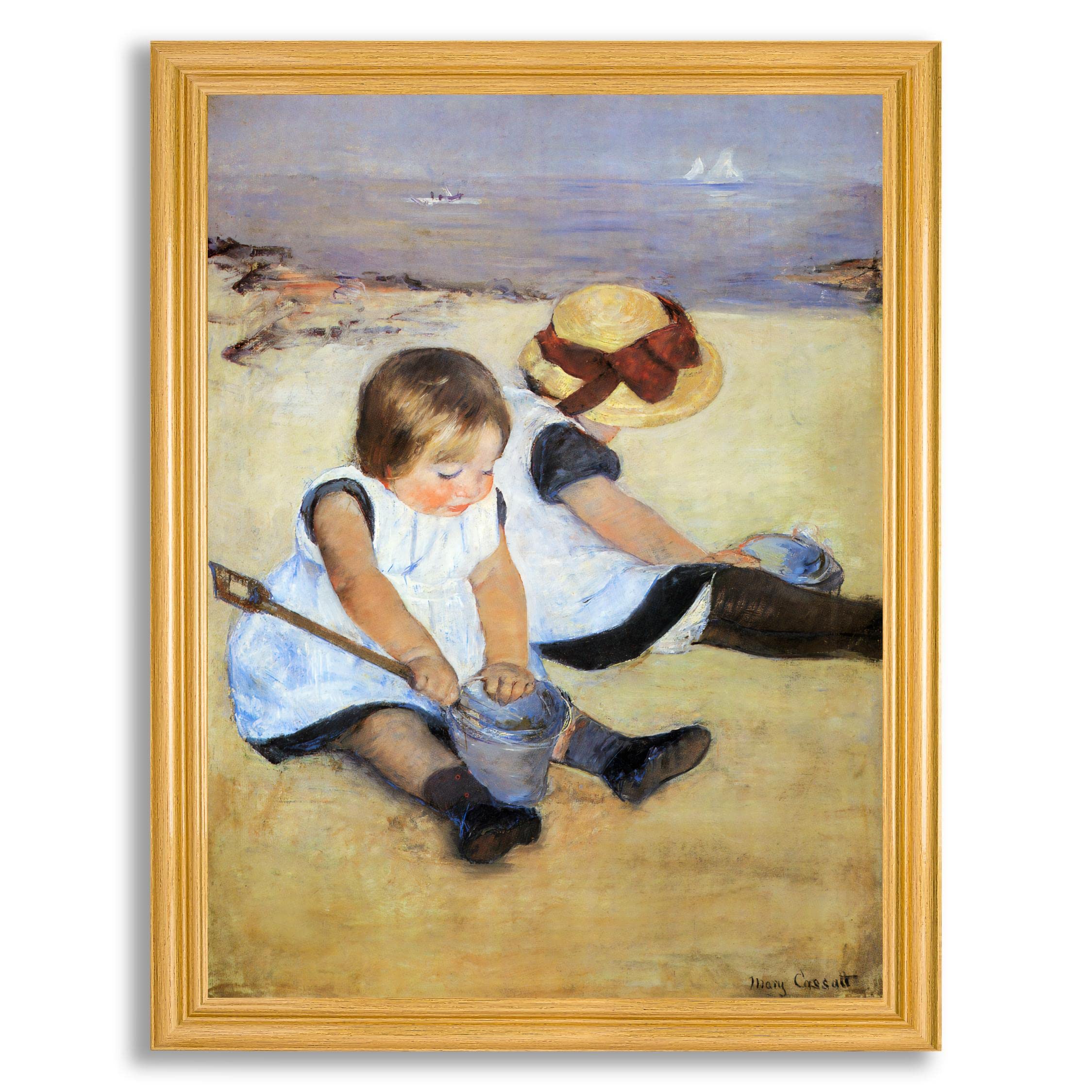 Mary Cassatt 'Children Playing on The Beach' Framed Impressionist Canvas Wall Art - Hand-Painted Reproduction on Stretched Canvas with Wood Frame - Perfect for Home, Bedroom & Living Room Decor - Beach Theme Nursery Wall Art & Coastal Interior Design Gift Idea
