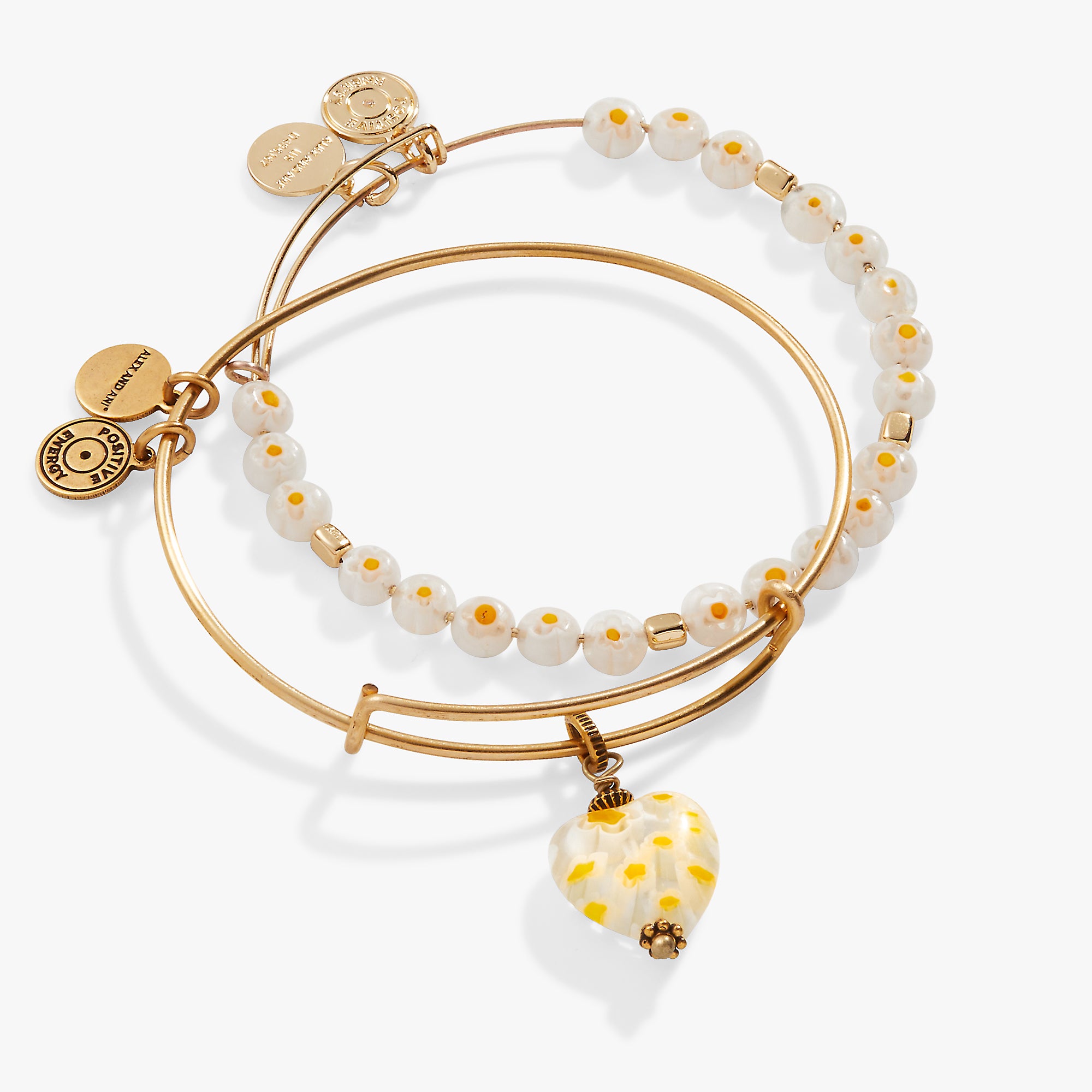 Daisy Heart Charm Bangle Bracelet Set of 2 - Elegant Floral Jewelry for Women, Girls | Perfect for Valentine's Day, Anniversary, Birthday Gifts
