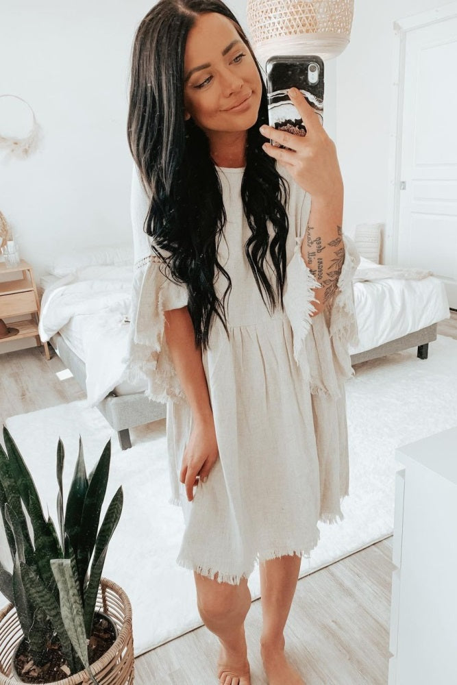 Beige Raw Edge Bell Sleeve Babydoll Dress for Women - Boho Chic Lace Trim Mini Dress - Perfect for Summer, Beach, Music Festivals & Date Nights