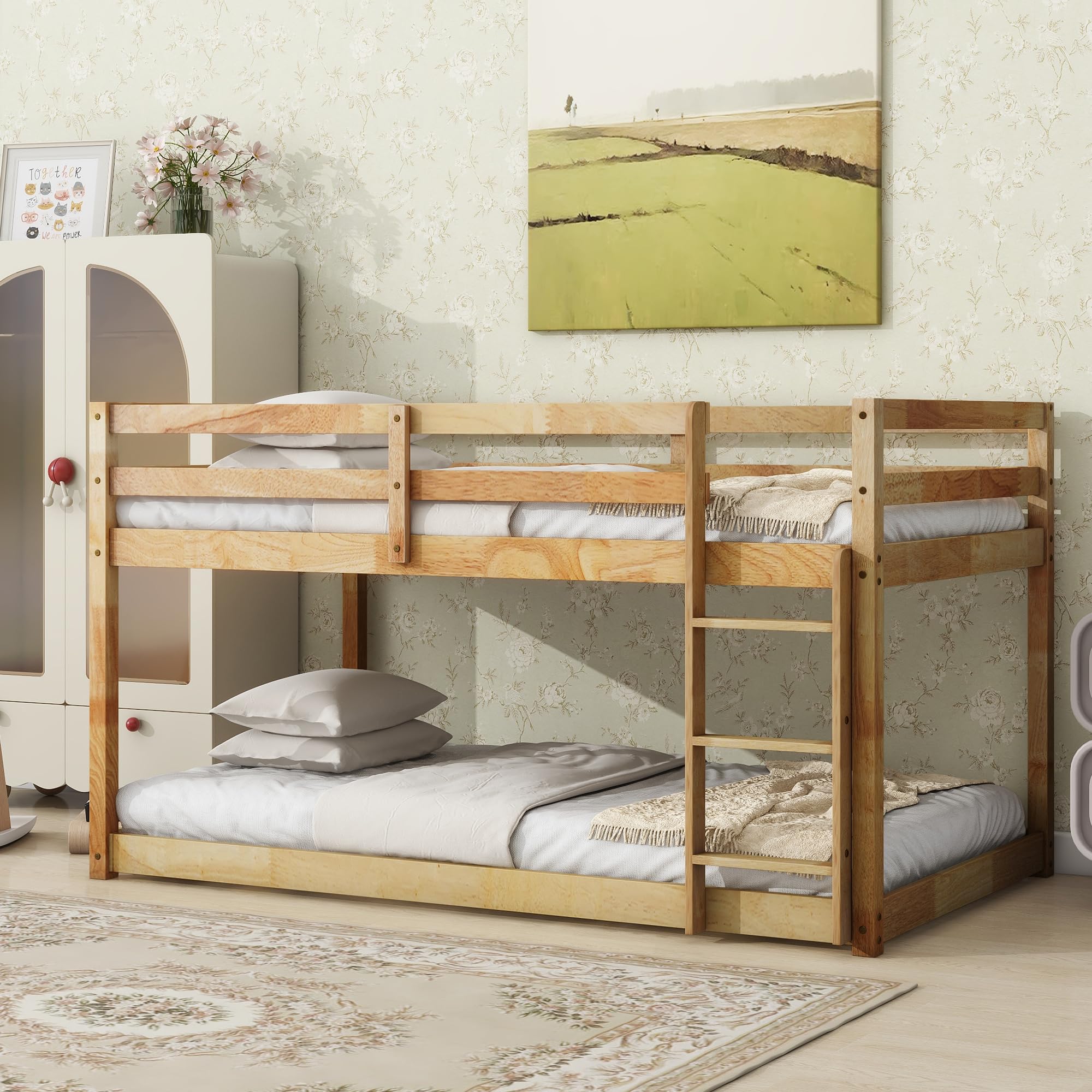 HomSof Twin Over Twin Floor Bunk Bed - Natural Wood Finish, Sturdy & Space-Saving Kids Bunk Bed for Small Rooms, Sleepovers & Shared Bedrooms