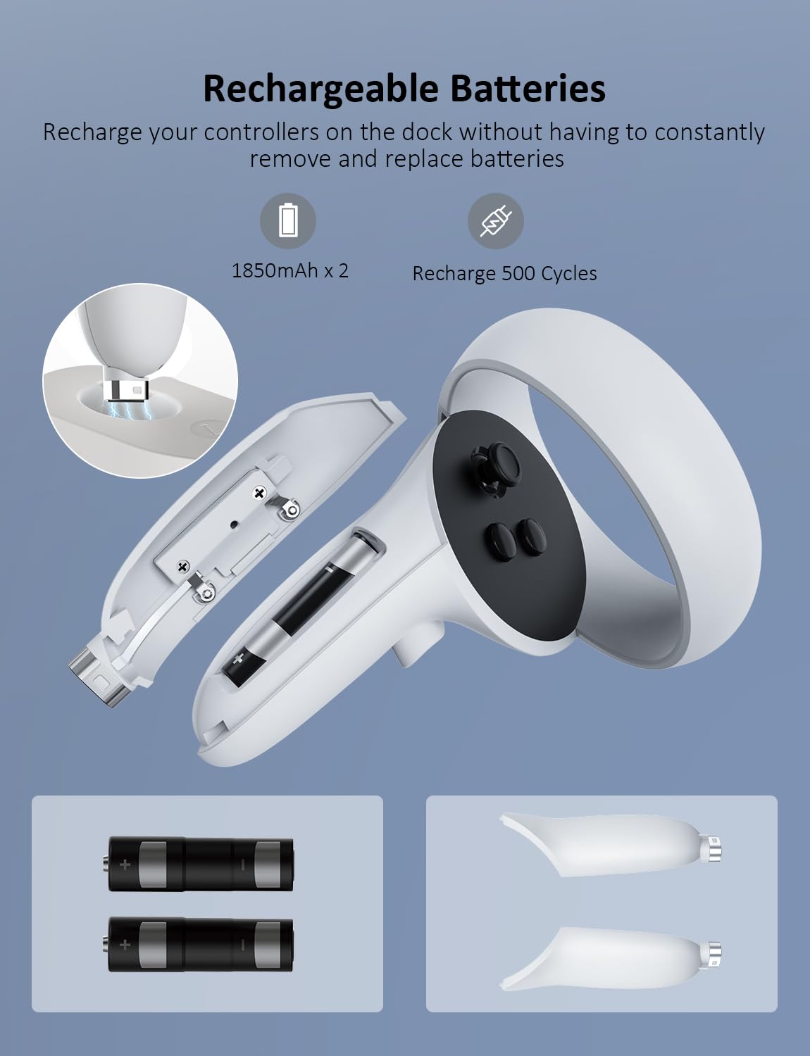 NexiGo Enhanced Charging Dock with LED Light [On/Off] for Oculus Quest 2 - Compatible with Elite Strap Battery, VR Headset Display Stand & Controller Holder - Includes 2 Rechargeable Batteries & USB-C Charger - Perfect for Oculus Quest 2 Gaming Setup & VR Accessories Organization