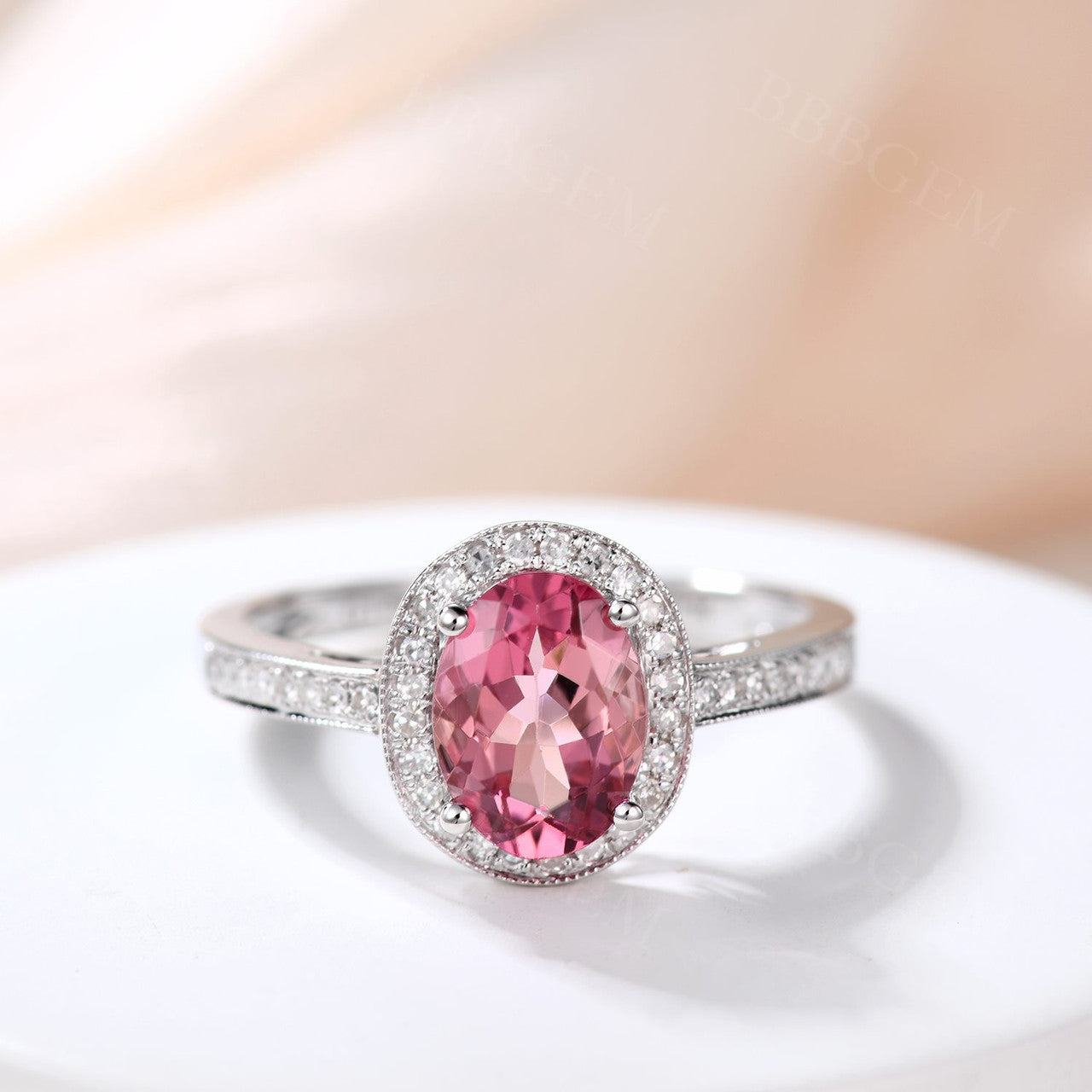 6x8mm Oval Pink Tourmaline Engagement Ring 14K White Gold - 1.35ct Tourmaline & Diamond Halo Ring with Half Eternity Band | Perfect for Proposals, Anniversaries & Special Occasions